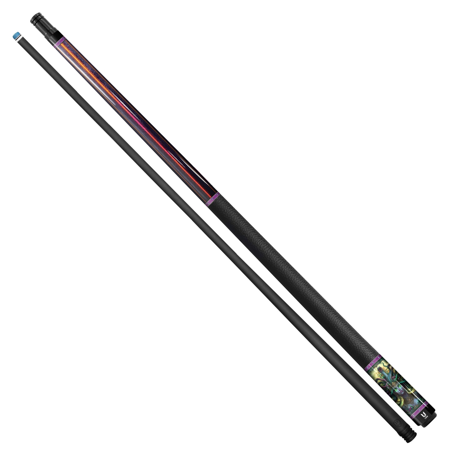 Medusa "Bioluminescent Empress" Custom Carbon Fiber Billiard Cue - Neon Laser & Gold Scrollwork - High-Performance Low Deflection Stick
