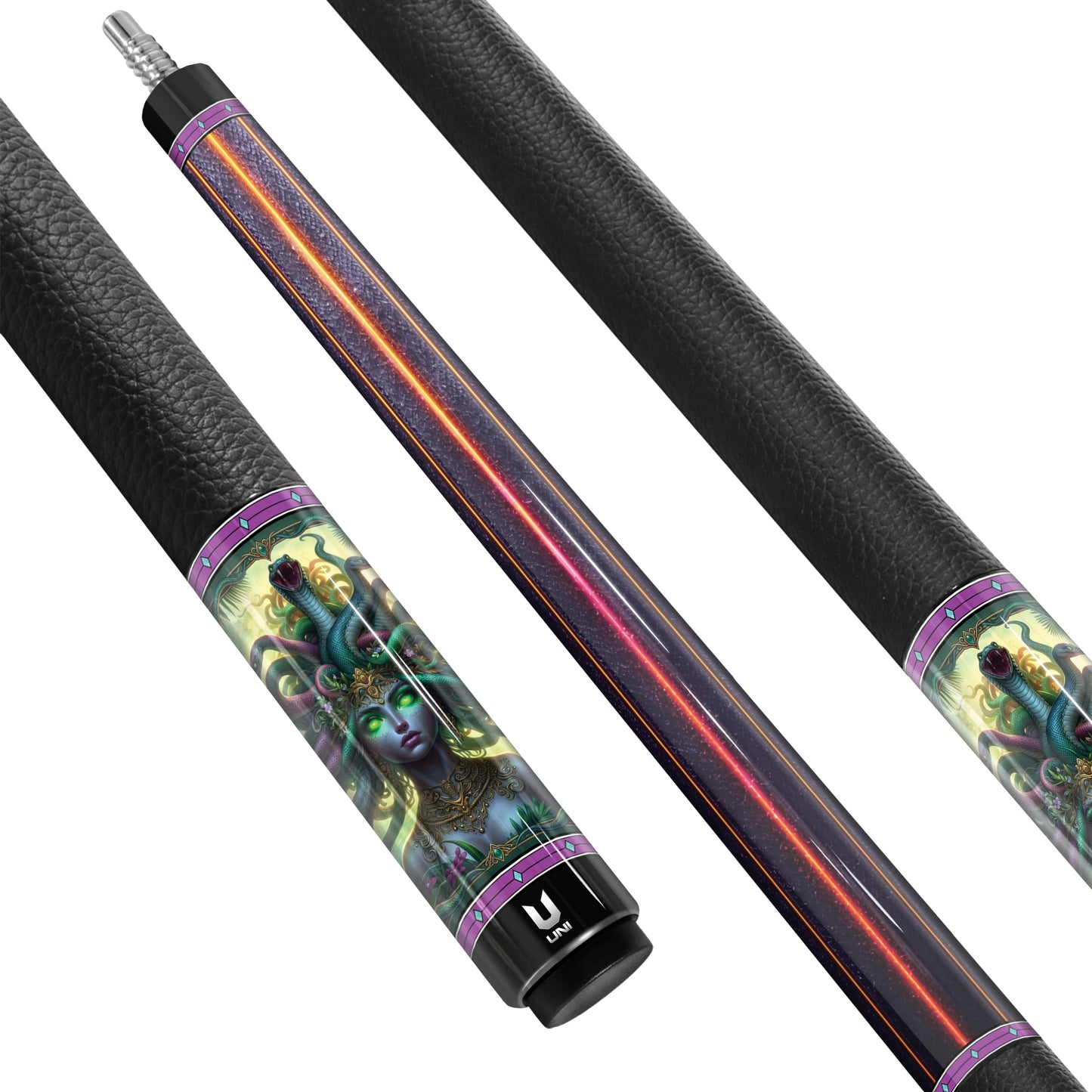 Medusa "Bioluminescent Empress" Custom Carbon Fiber Billiard Cue - Neon Laser & Gold Scrollwork - High-Performance Low Deflection Stick