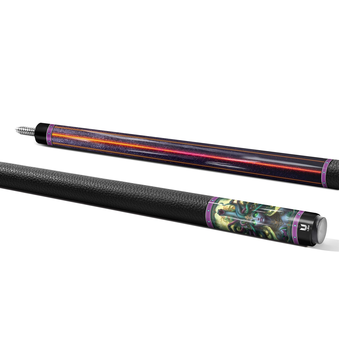Medusa "Bioluminescent Empress" Custom Carbon Fiber Billiard Cue - Neon Laser & Gold Scrollwork - High-Performance Low Deflection Stick