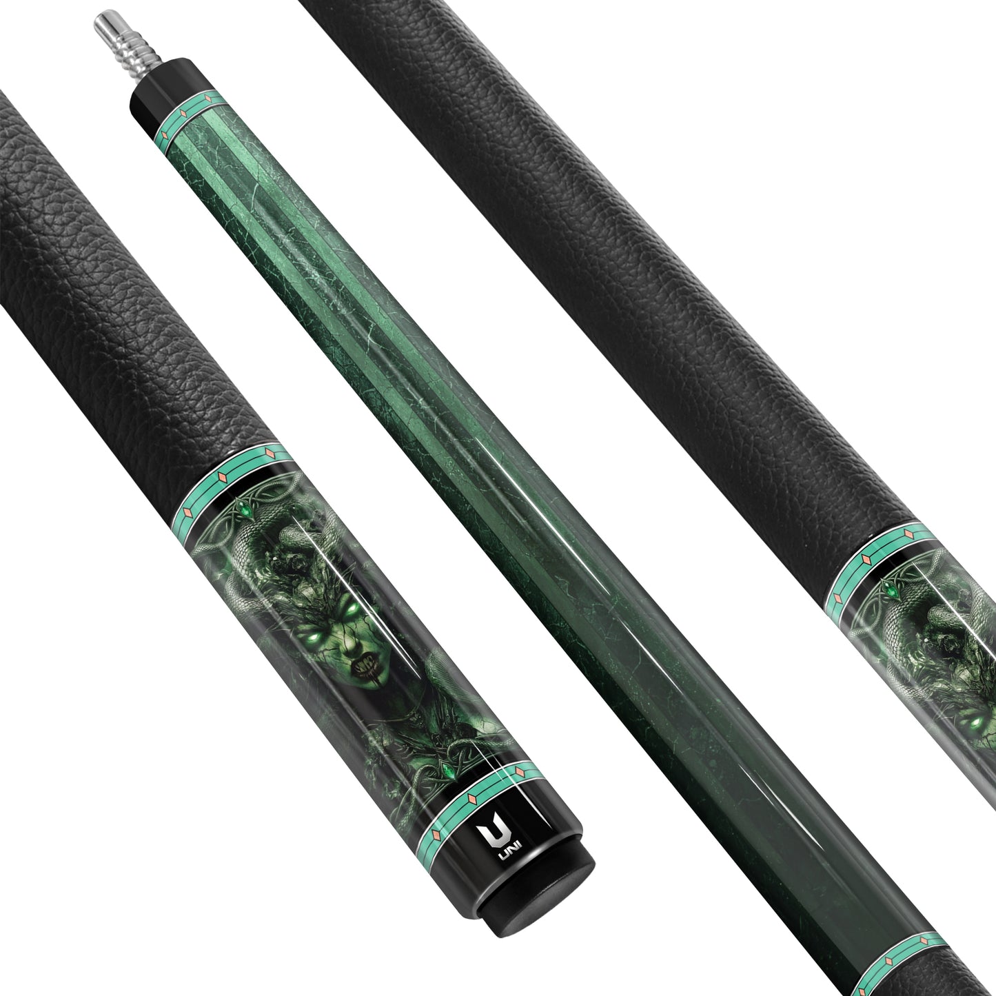 Medusa "Emerald Venom" Custom Carbon Fiber Billiard Cue - High-Performance Low Deflection Stick - Neon Green Gorgon Art & Bold Pink Contrast Grip