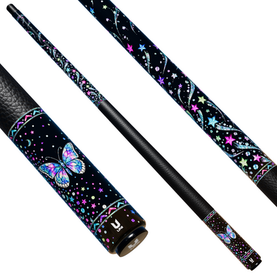 Uni Mother of Pearl Butterfly Pool Cue | Neon Abalone Black Lacquer Theme