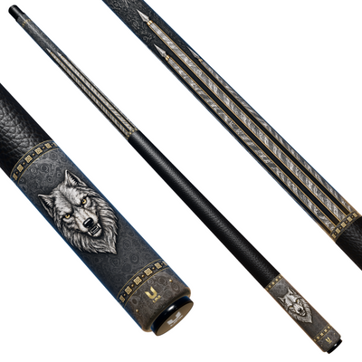 Uni Damascus Steel Wolf Pool Cue | Snarling Silver Wolf on Forged Damascus Theme