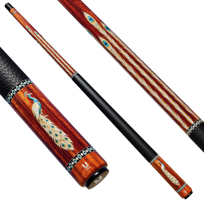 Uni Mother of Pearl Peacock Pool Cue | Abalone Feather Hawaiian Koa Wood Theme