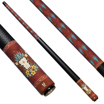 Southwest Bull Skull Pool Cue – Brick Red Desert Agave & Wildflower Design