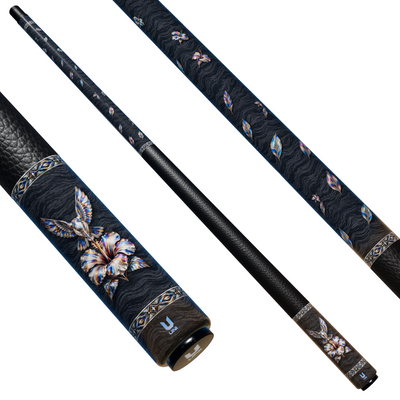 Uni Damascus Steel Hummingbird Pool Cue | Heat-Tinted Cobalt Hibiscus Theme