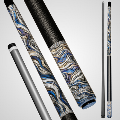 Novera Damascus Steel Pool Cue | Cobalt Silver Ripple Theme