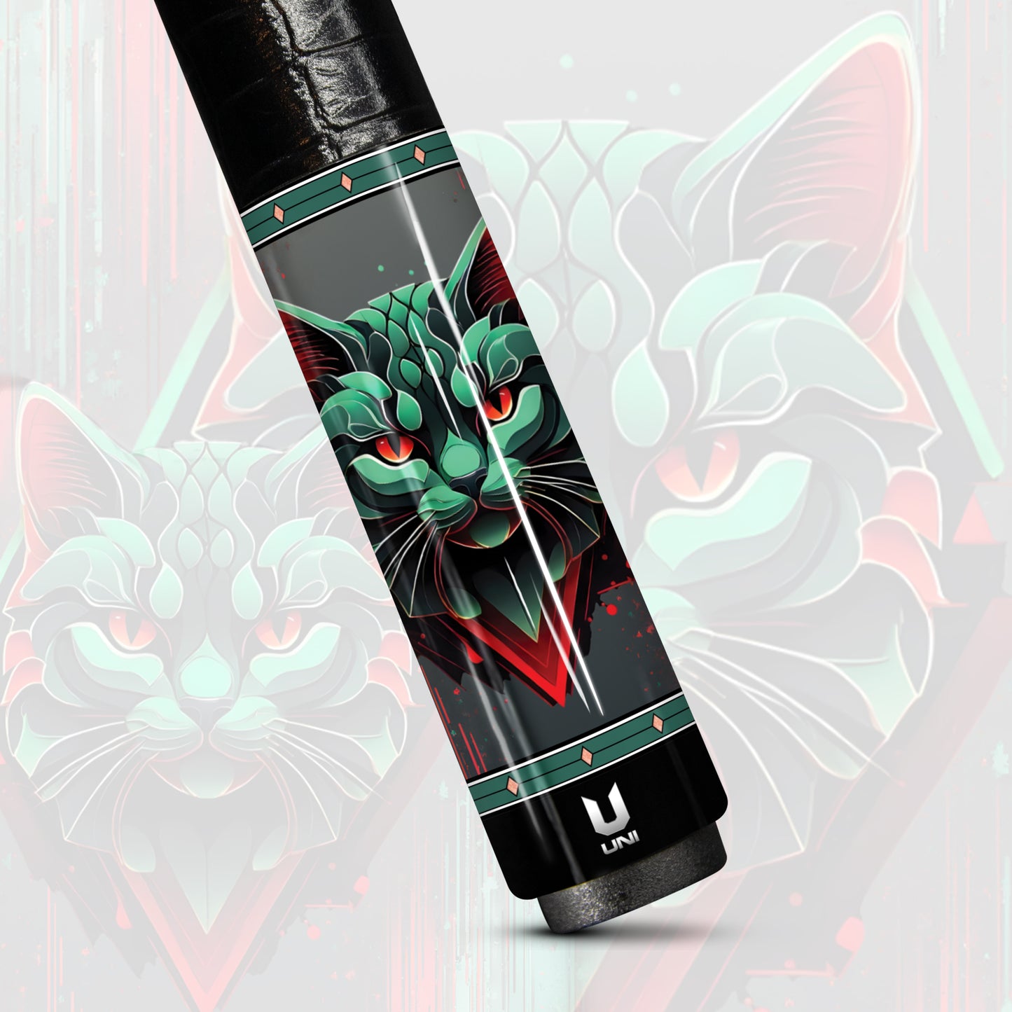 Cybernetic Predator Cat Carbon Fiber Pool Cue - Digital Glitch & Red Neon Tech Art Stick