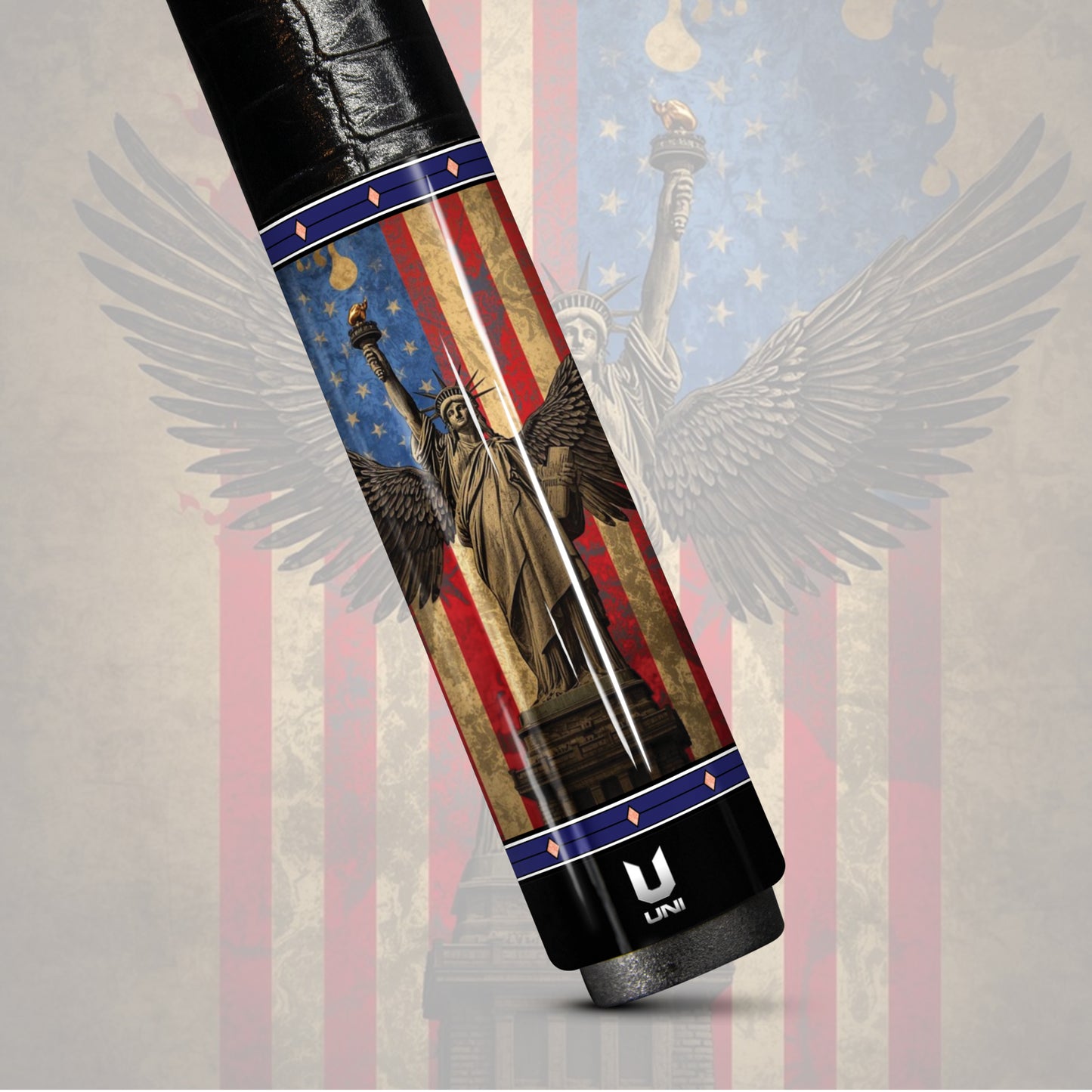 Patriotic Liberty Wing Carbon Fiber Pool Cue - American Flag & Liberty Angel Art Stick