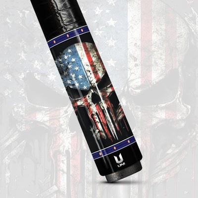 Uni American Patriot Carbon Fiber Pool Cue | Distressed Flag & Skull Art