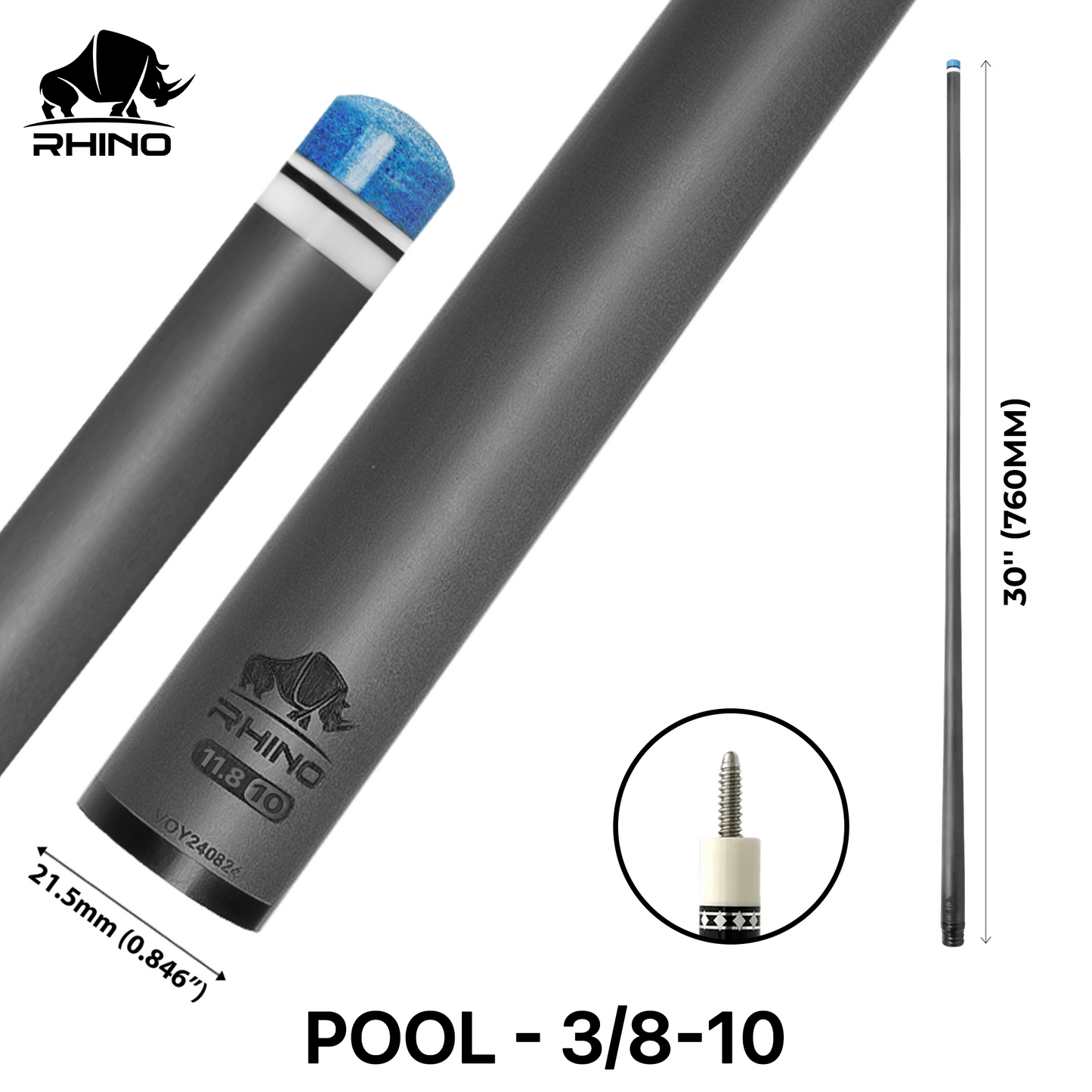 Rhino - 30" / 3/8-10 Carbon Pool Cue Single Shaft