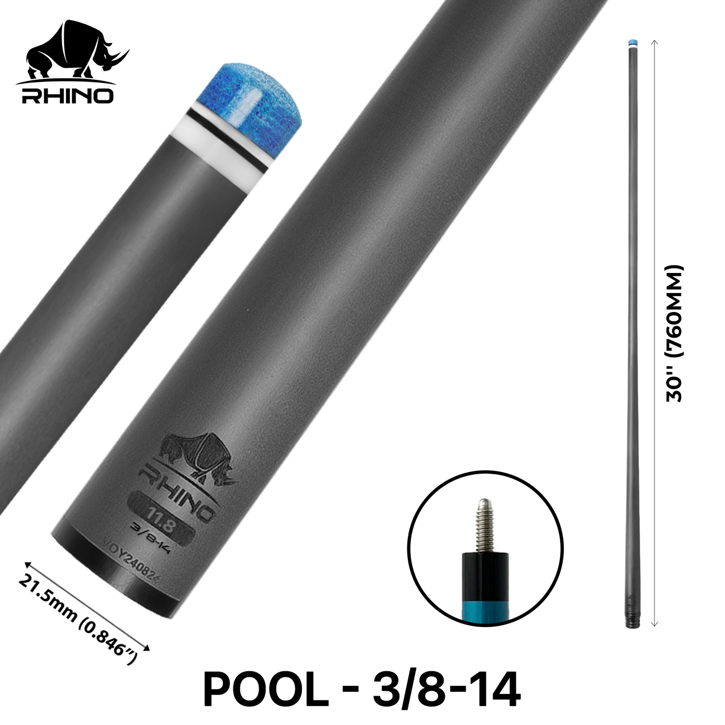 Rhino - 30" / 3/8-14 Carbon Pool Cue Single Shaft