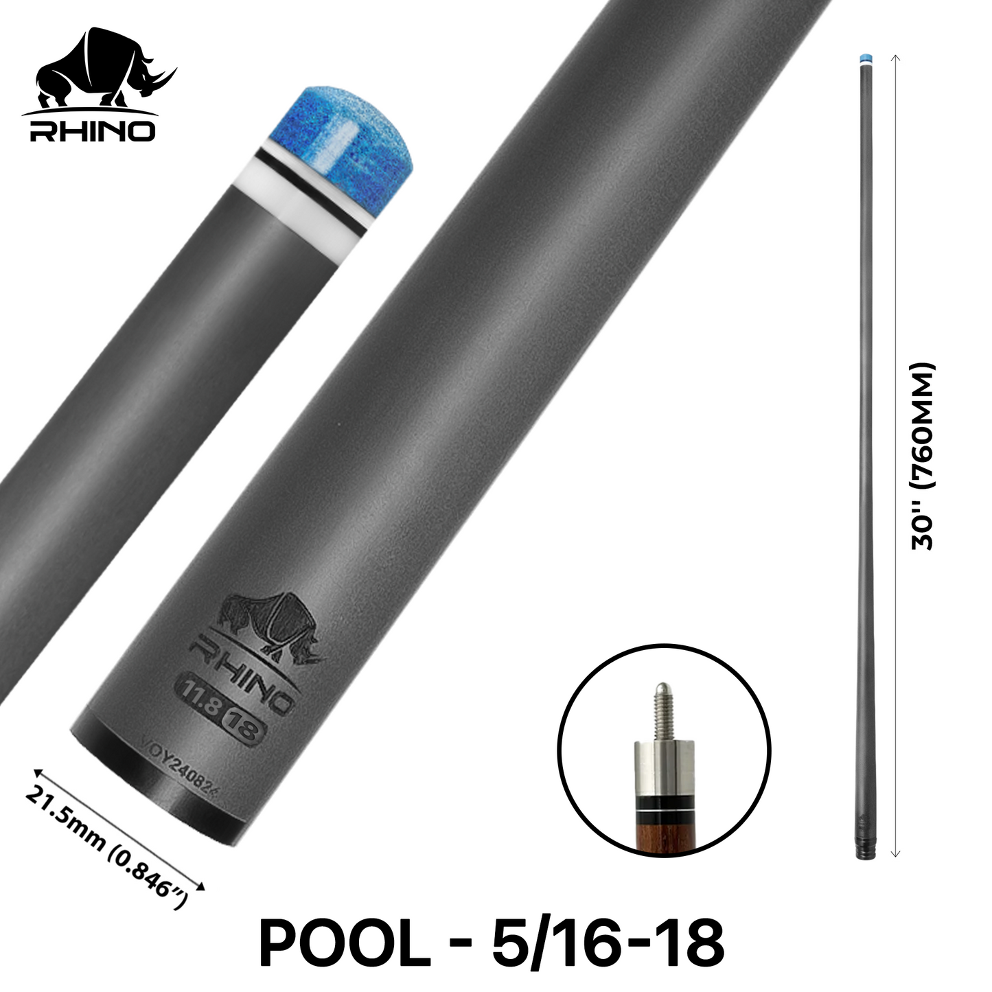 Rhino - 30" / 5/16-18 Carbon Pool Cue Single Shaft