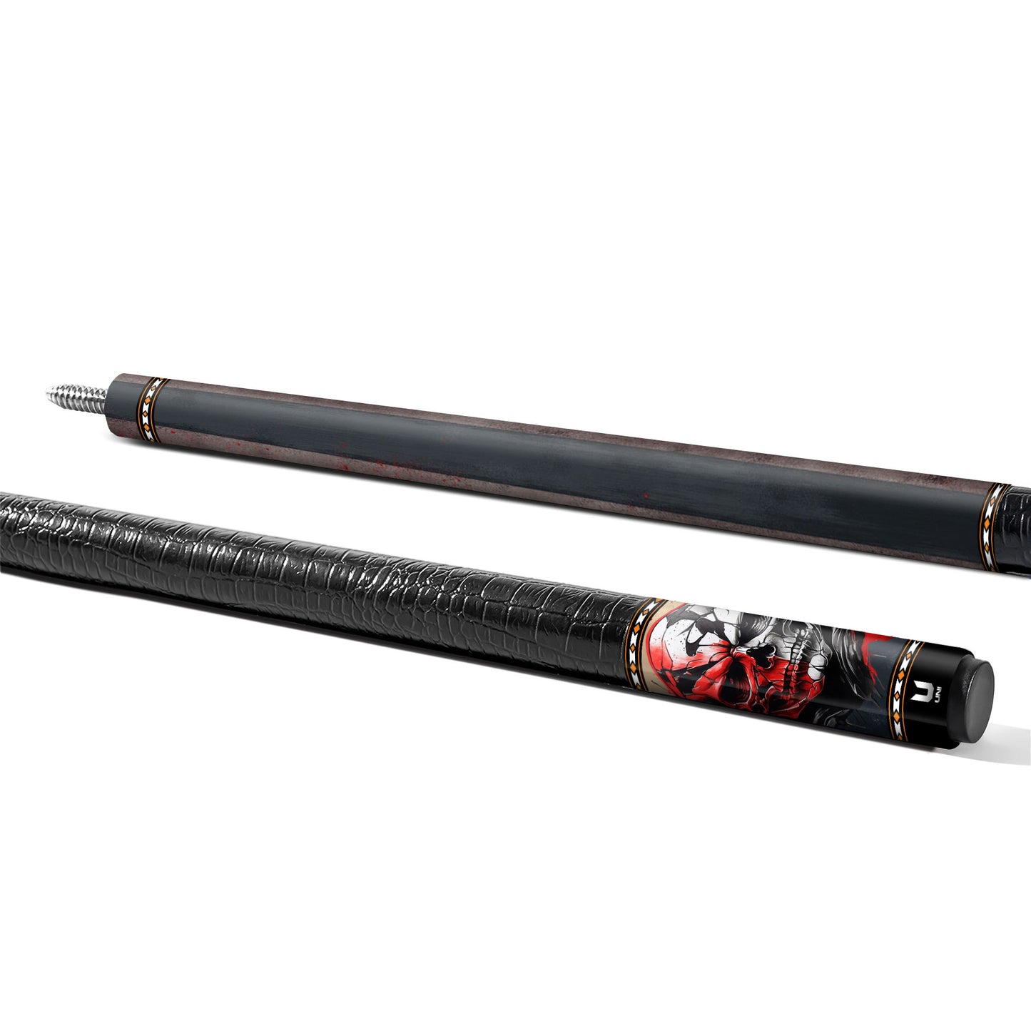 Two-Face Splatter Skull Carbon Fiber Pool Cue - Red & Black Aggression Art Stick