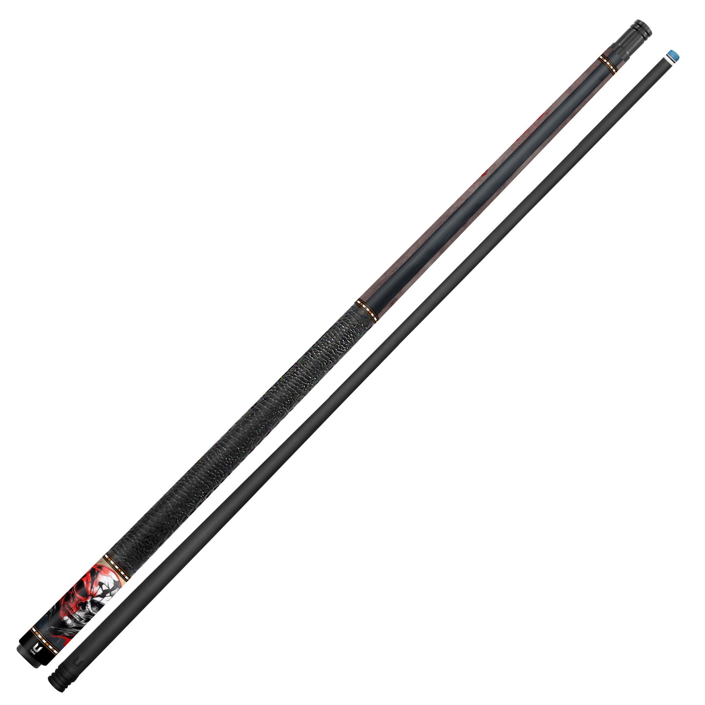 Two-Face Splatter Skull Carbon Fiber Pool Cue - Red & Black Aggression Art Stick