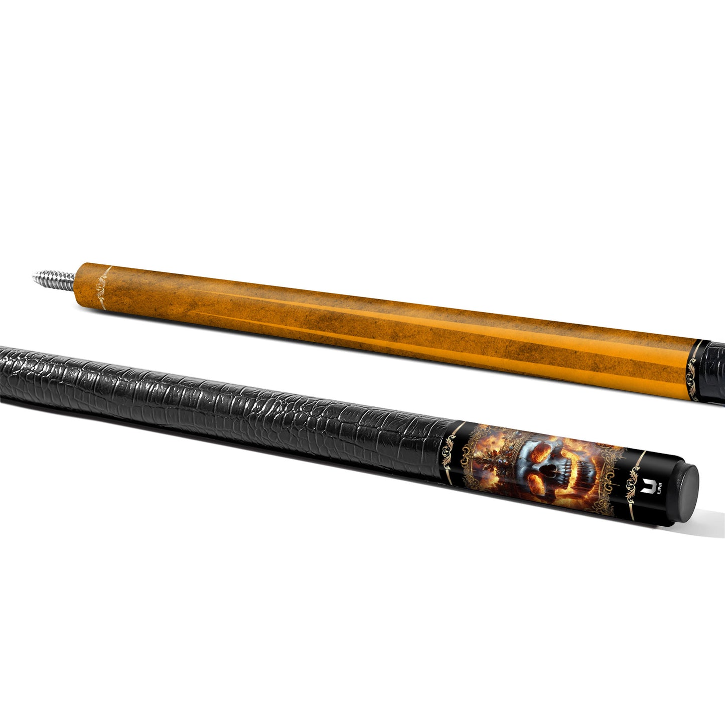Crowned Emperor Carbon Fiber Pool Cue - Gold Frame Fire Skull Art Stick