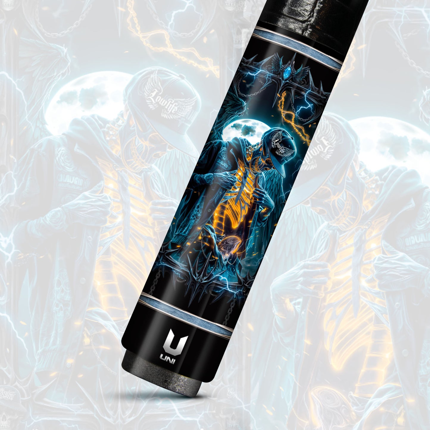 Neon Angel Biker Carbon Fiber Pool Cue - Electric Streetwear Wings Art Stick