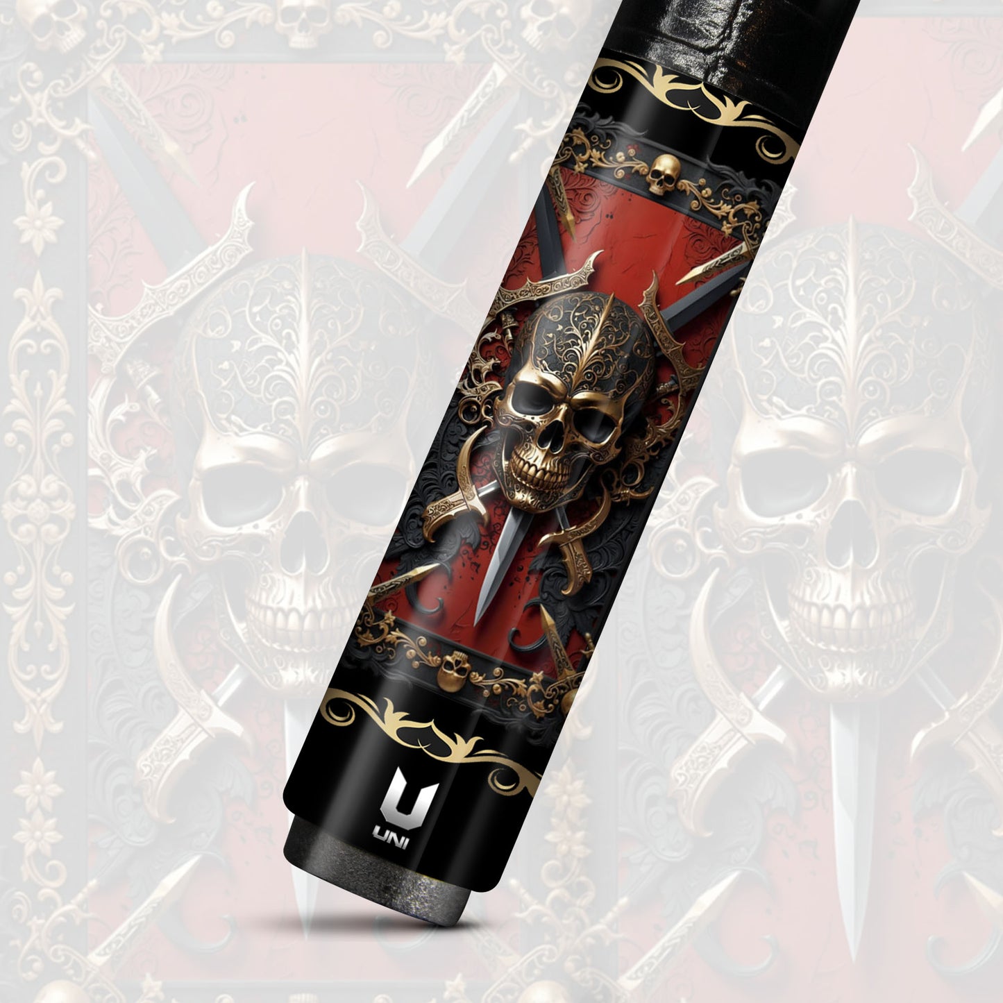 Regal Warrior Skull Carbon Fiber Pool Cue - Gold Baroque Swords Art Stick