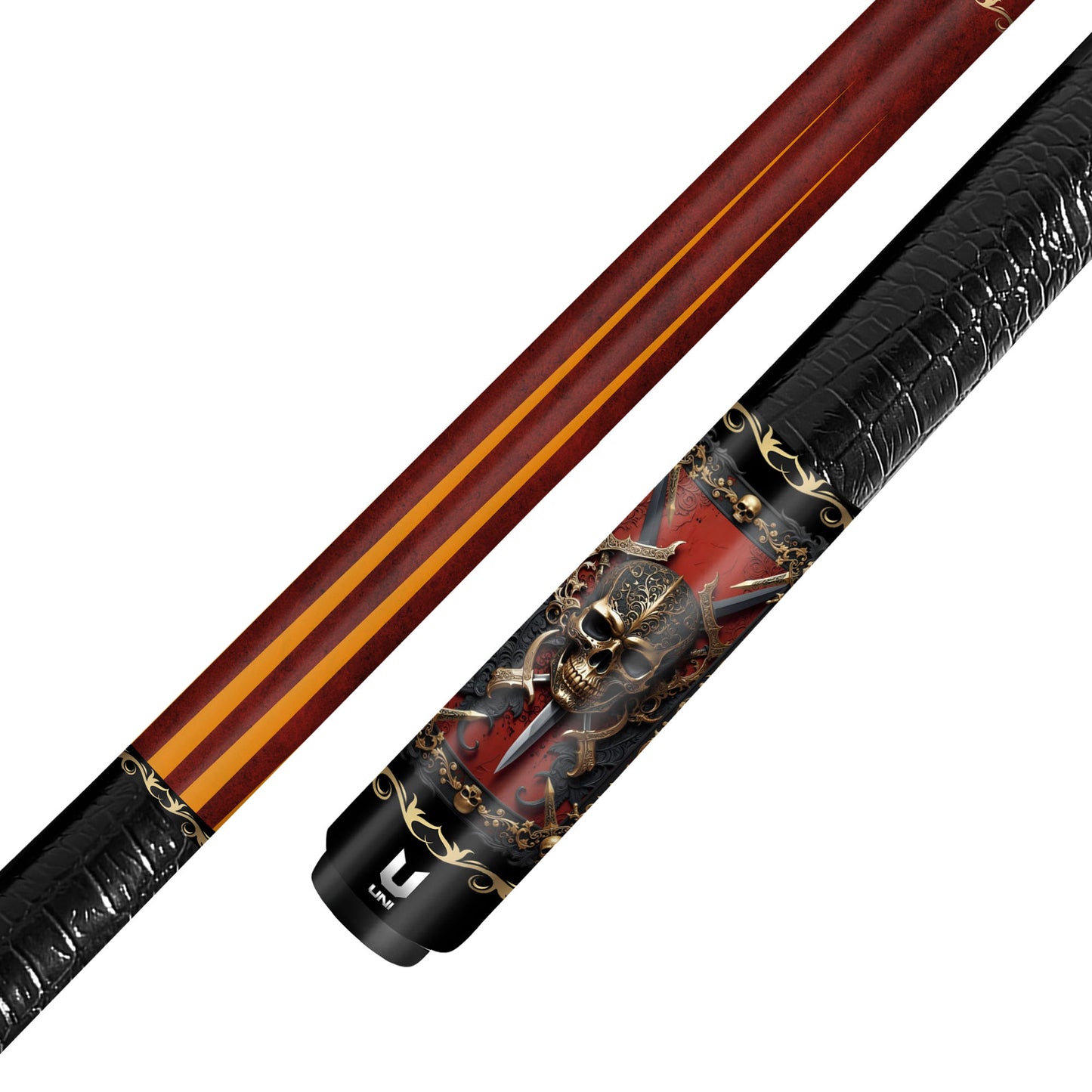 Regal Warrior Skull Carbon Fiber Pool Cue - Gold Baroque Swords Art Stick