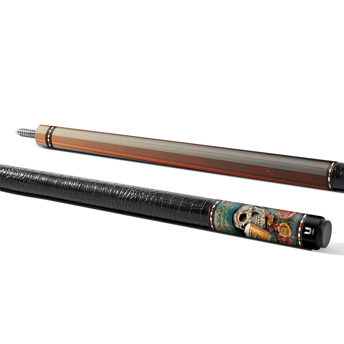 Mariachi Fiesta Skull Carbon Fiber Pool Cue - Sombrero & Beer Calavera Art Stick