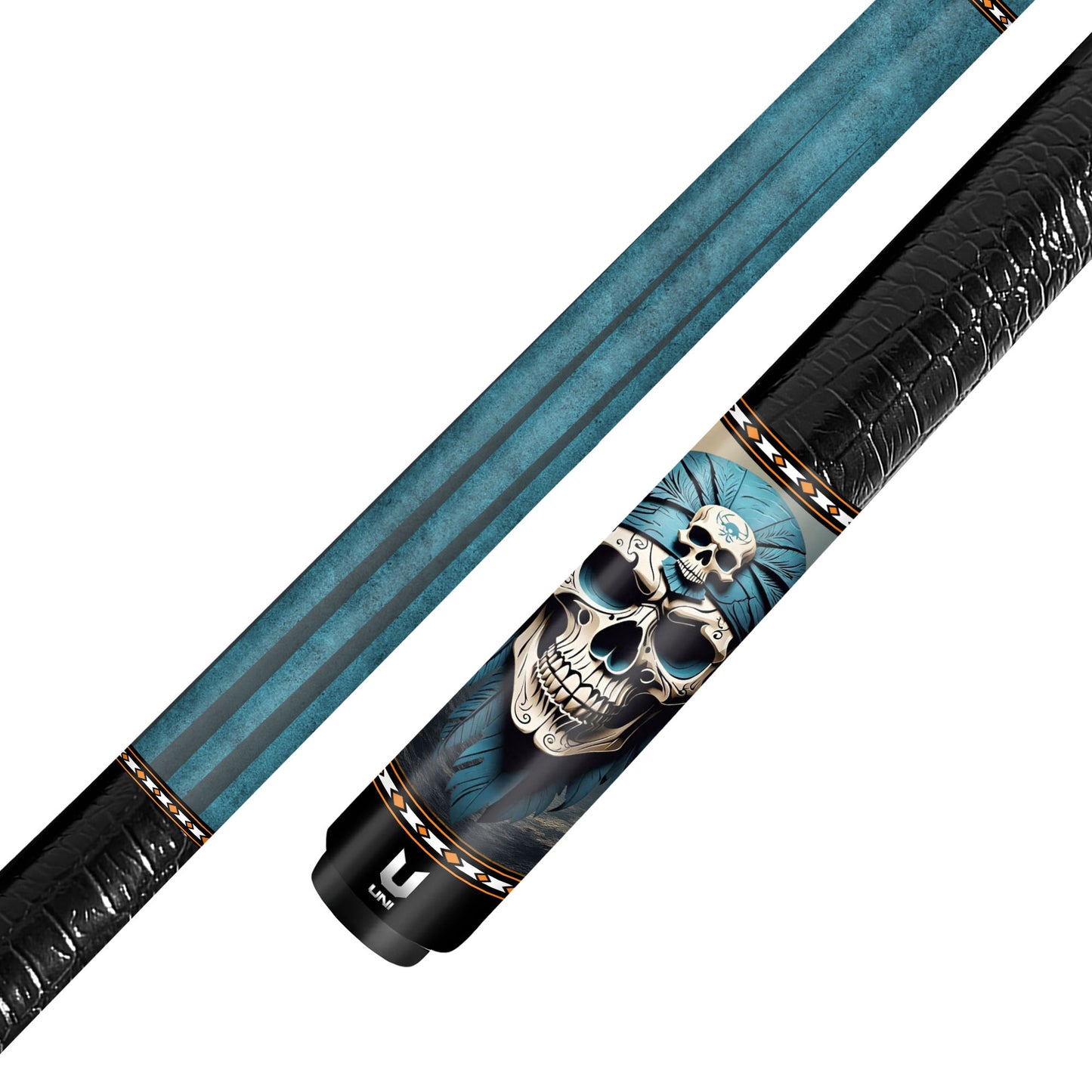 Tribal Mystic Warrior Skull Carbon Fiber Pool Cue - Feathered Shaman Art Stick