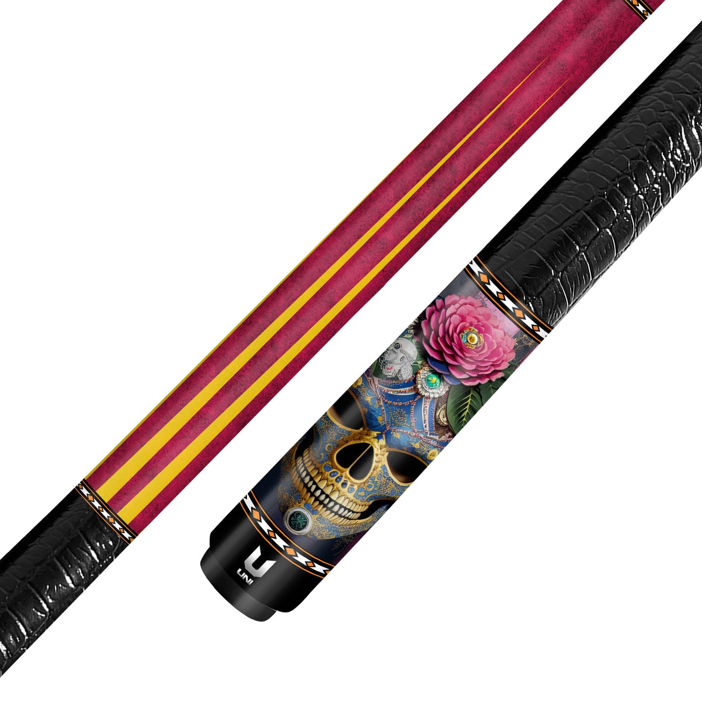 Royal Jeweled Skull Carbon Fiber Pool Cue - Peony Opulence Calavera Art Stick