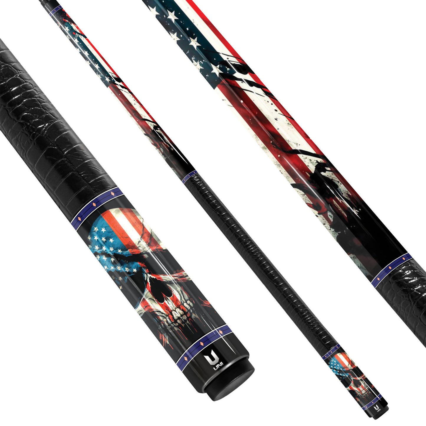 American Rebel Skull Carbon Fiber Pool Cue - Splatter Flag & Patriot Shroud Art Stick