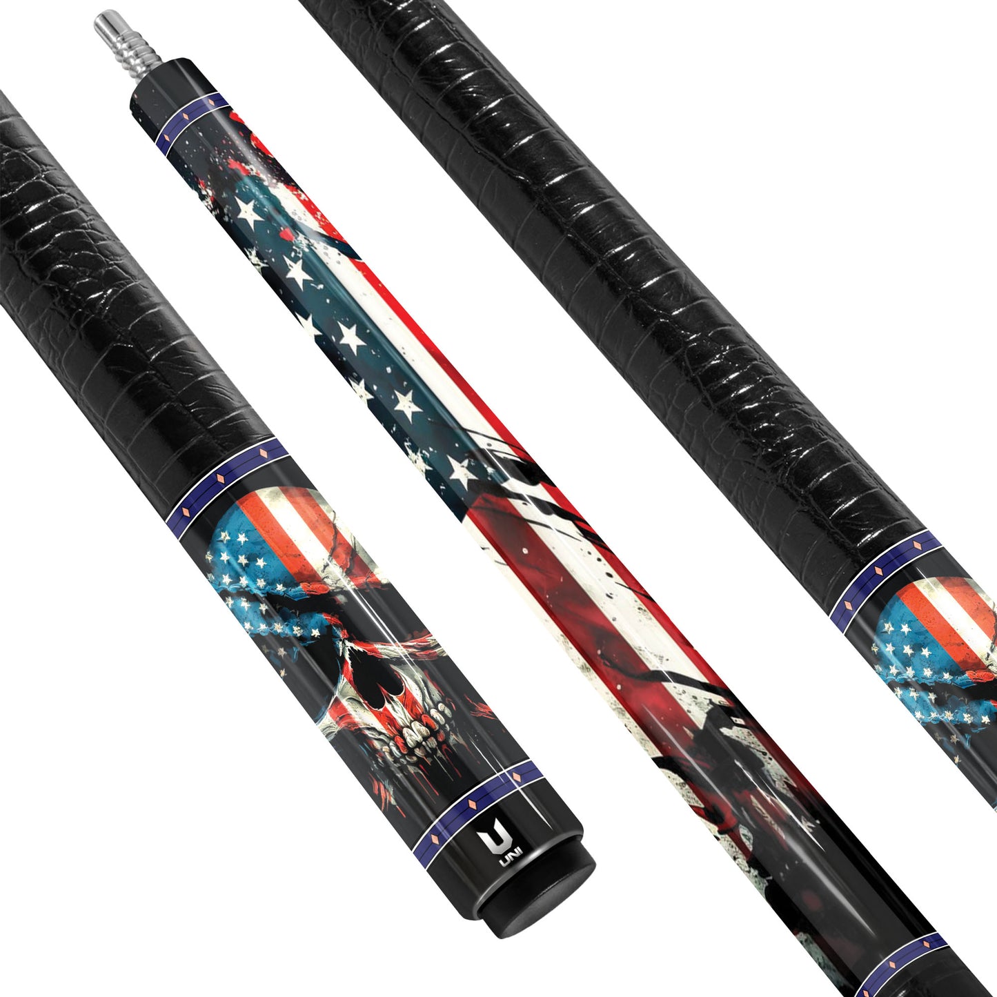 American Rebel Skull Carbon Fiber Pool Cue - Splatter Flag & Patriot Shroud Art Stick