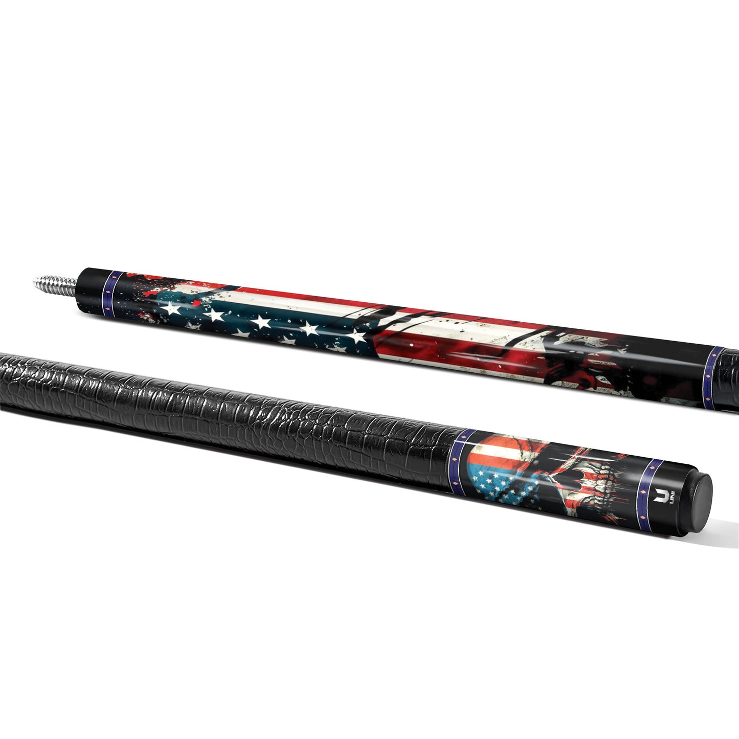 American Rebel Skull Carbon Fiber Pool Cue - Splatter Flag & Patriot Shroud Art Stick