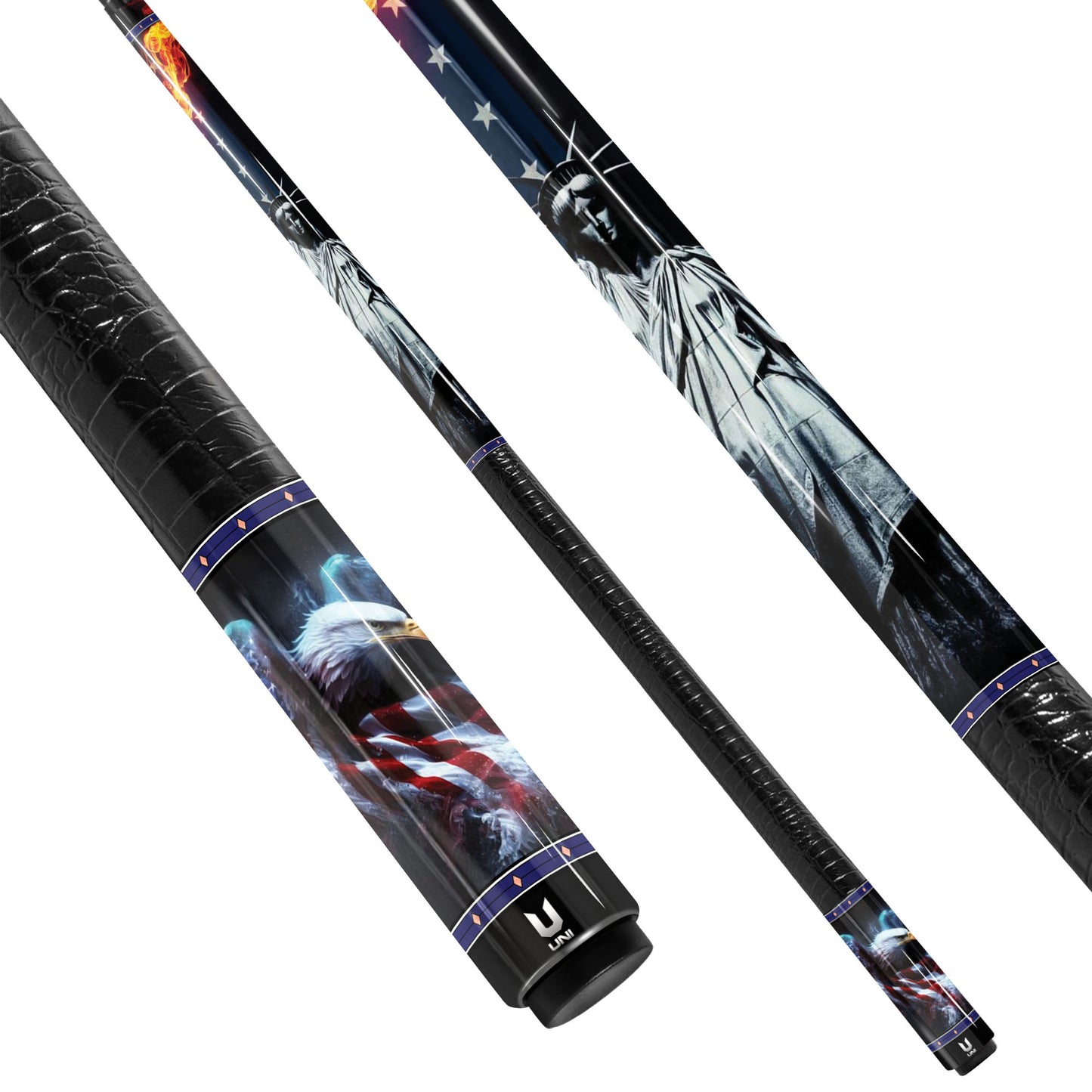 Eternal Liberty Flame Carbon Fiber Pool Cue - Soaring Eagle Patriotic Cinematic Art Stick