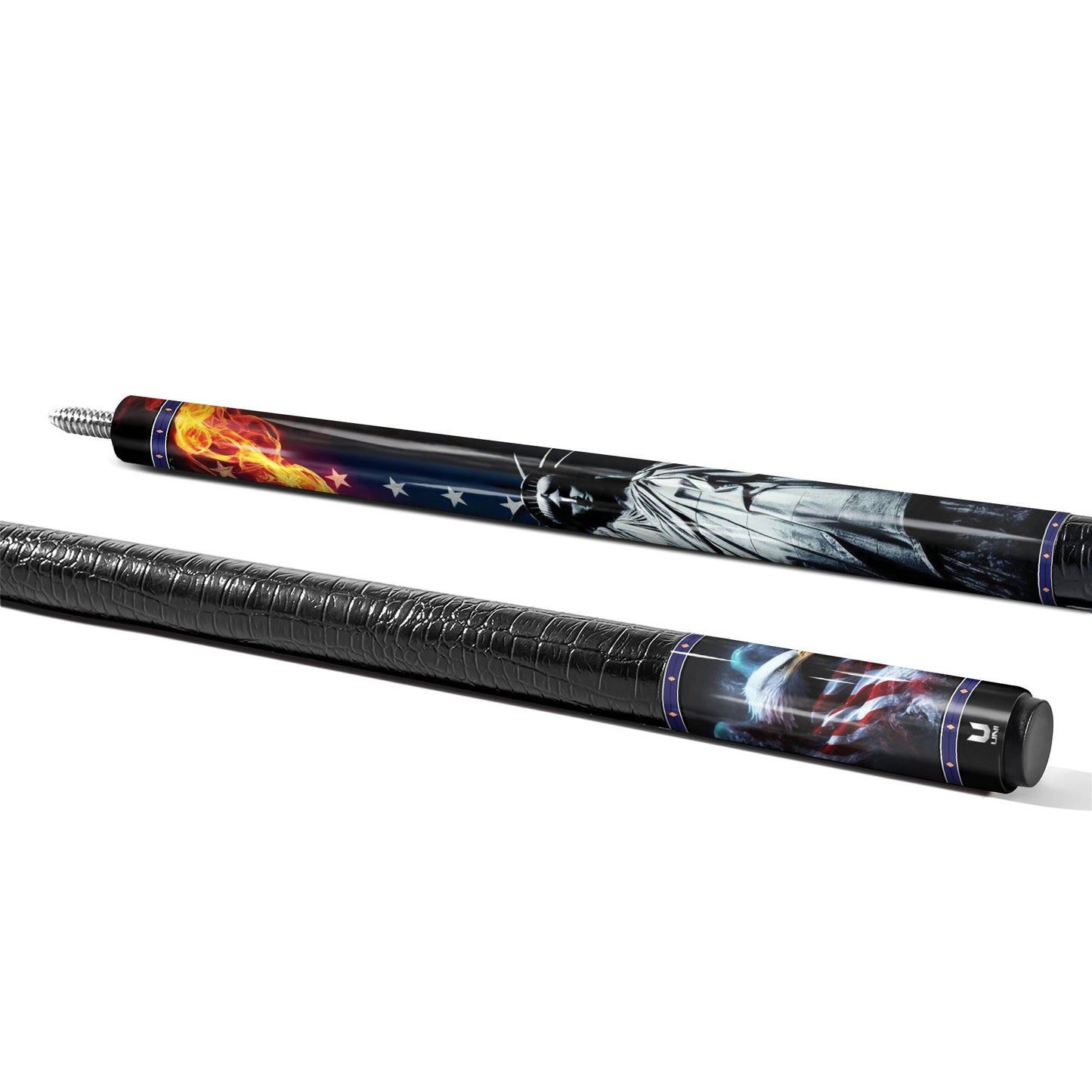 Eternal Liberty Flame Carbon Fiber Pool Cue - Soaring Eagle Patriotic Cinematic Art Stick