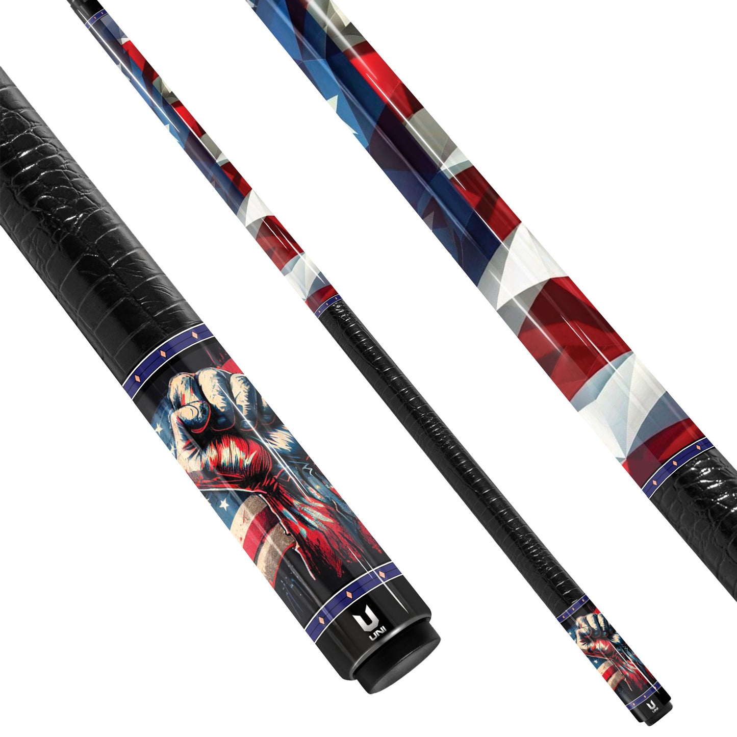 American Grit & Glory Carbon Fiber Pool Cue - Low-Poly Flag & Victory Fist Art Stick