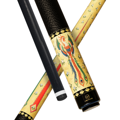 Wowcue Japanese Phoenix Pool Cue | Mineral Pigment Phoenix on Gold Leaf Screen Theme