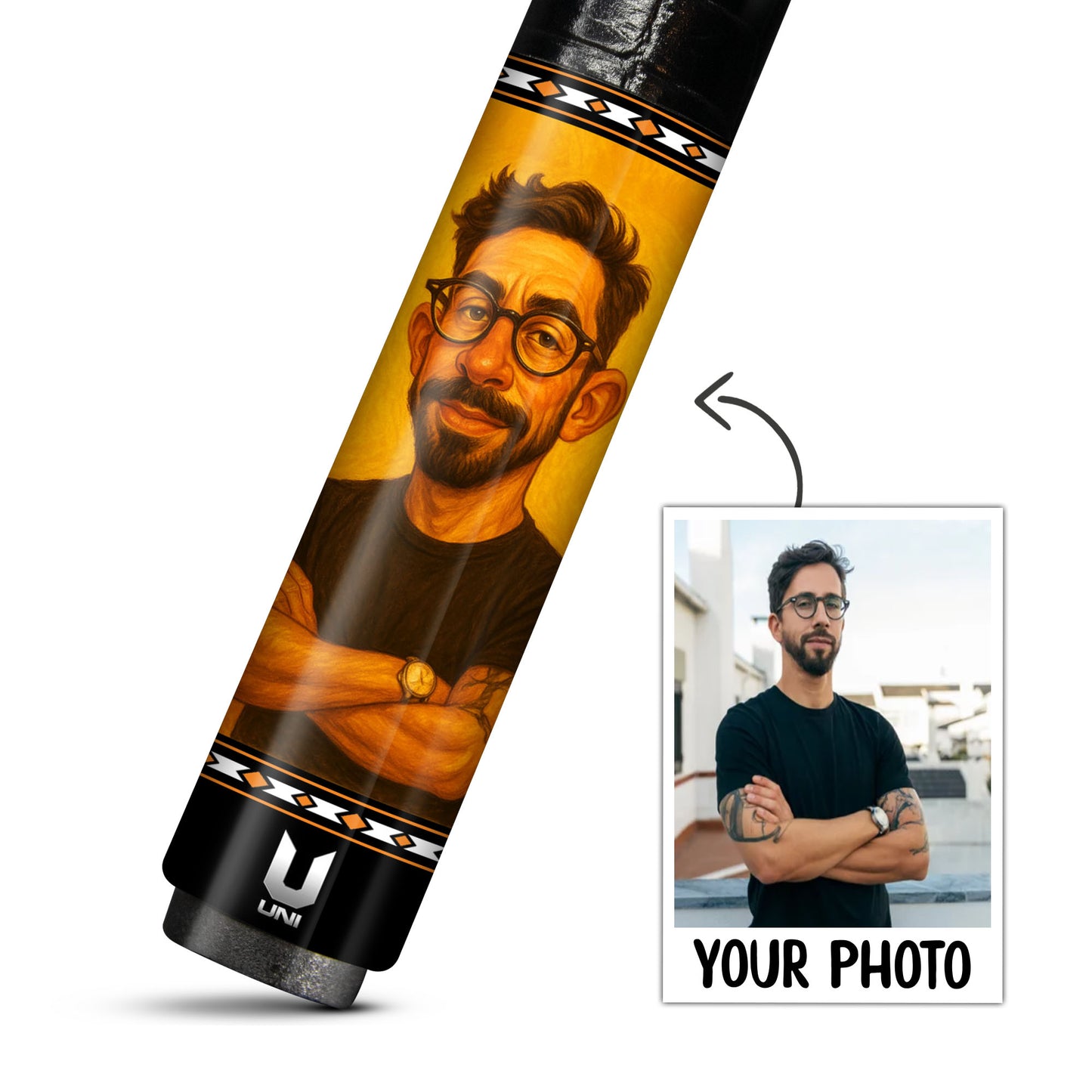 Personalized Caricature Cue Design – Carbon Fiber Pool Cue – Custom Cartoon Drawing From Photo