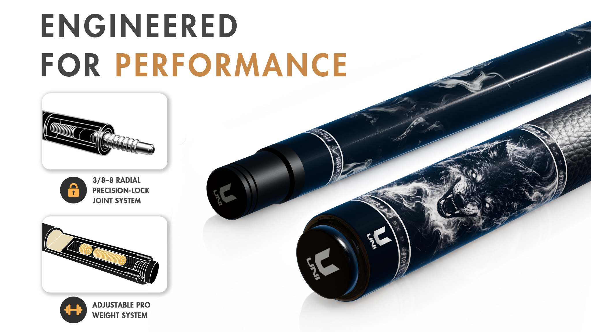 Uni Wolf Smoke Carbon Fiber Pool Cue | Wolf Theme - Detail 1
