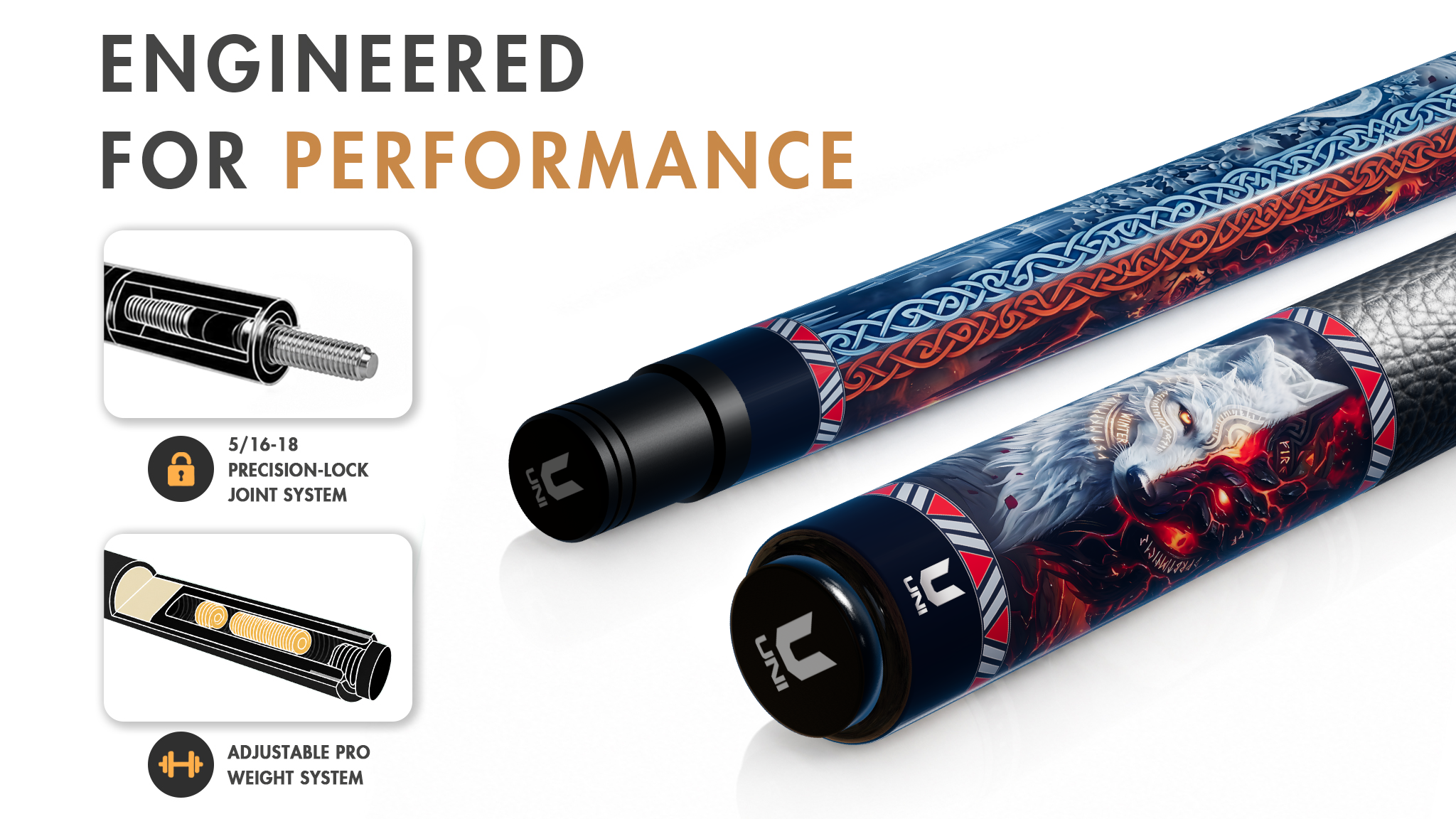 Uni Wolf Flame Carbon Fiber Pool Cue | Wolf Theme - Detail 1