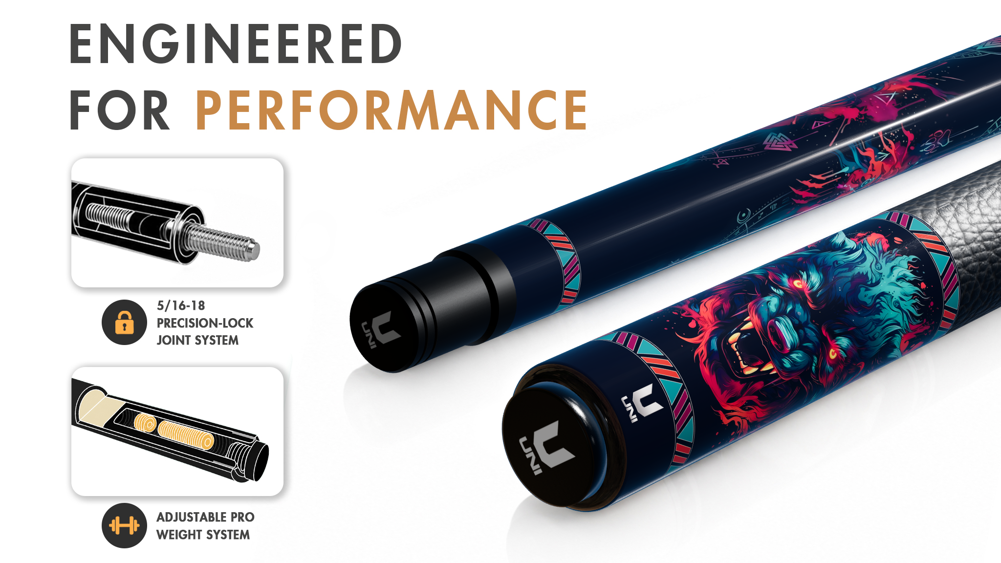Uni Neon Wolf Carbon Fiber Pool Cue | Wolf Graphic - Detail 1