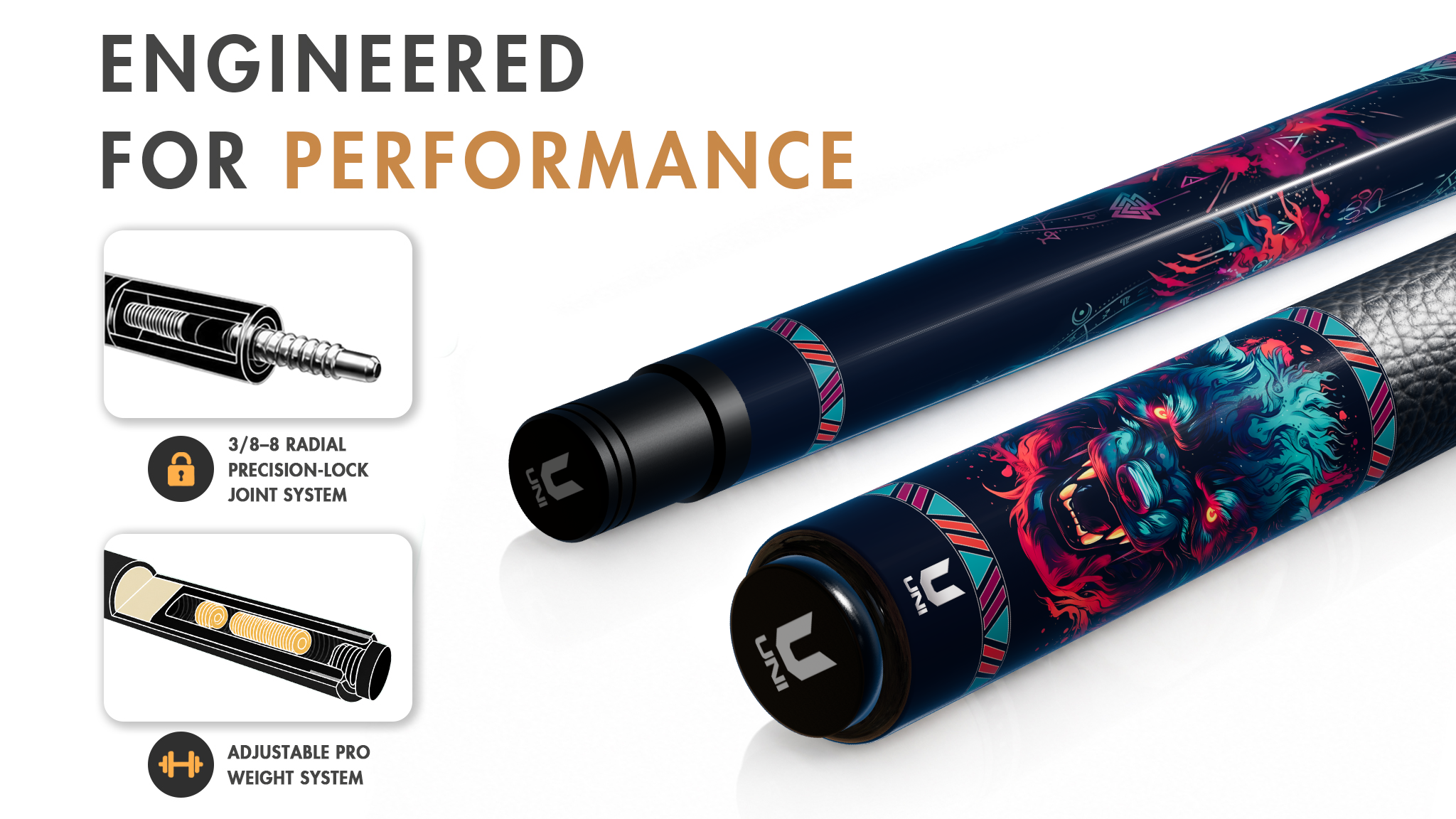 Uni Neon Wolf Carbon Fiber Pool Cue | Wolf Graphic - Detail 1