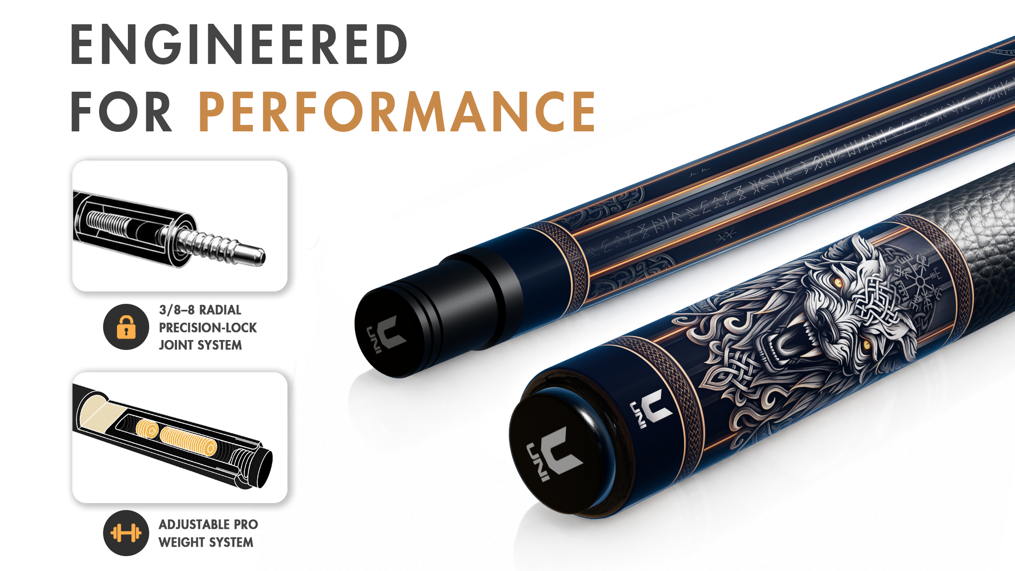 Uni Wolf Carbon Fiber Pool Cue | Wolf Theme - Detail 1