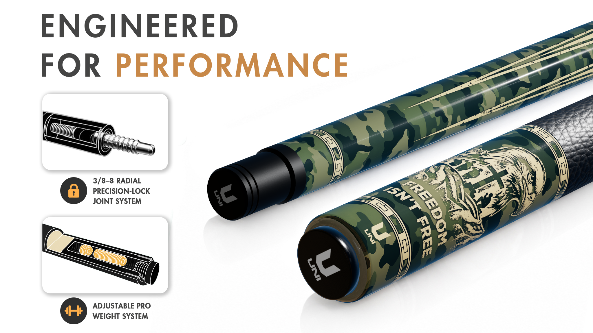 Uni Woodland Camo Freedom Carbon Fiber Pool Cue | 4th of July - Detail 1