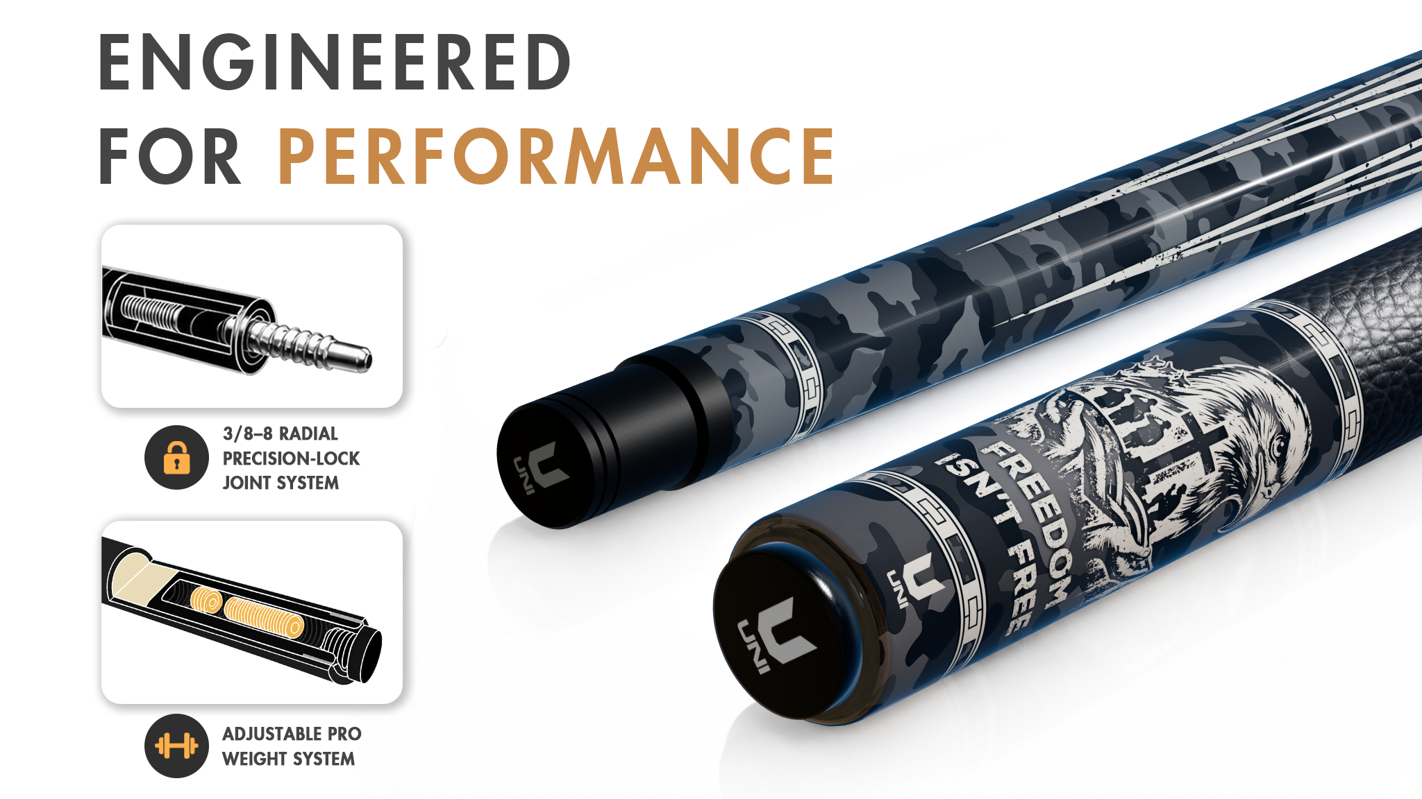 Uni Grey Camo Freedom Carbon Fiber Pool Cue | 4th of July - Detail 1