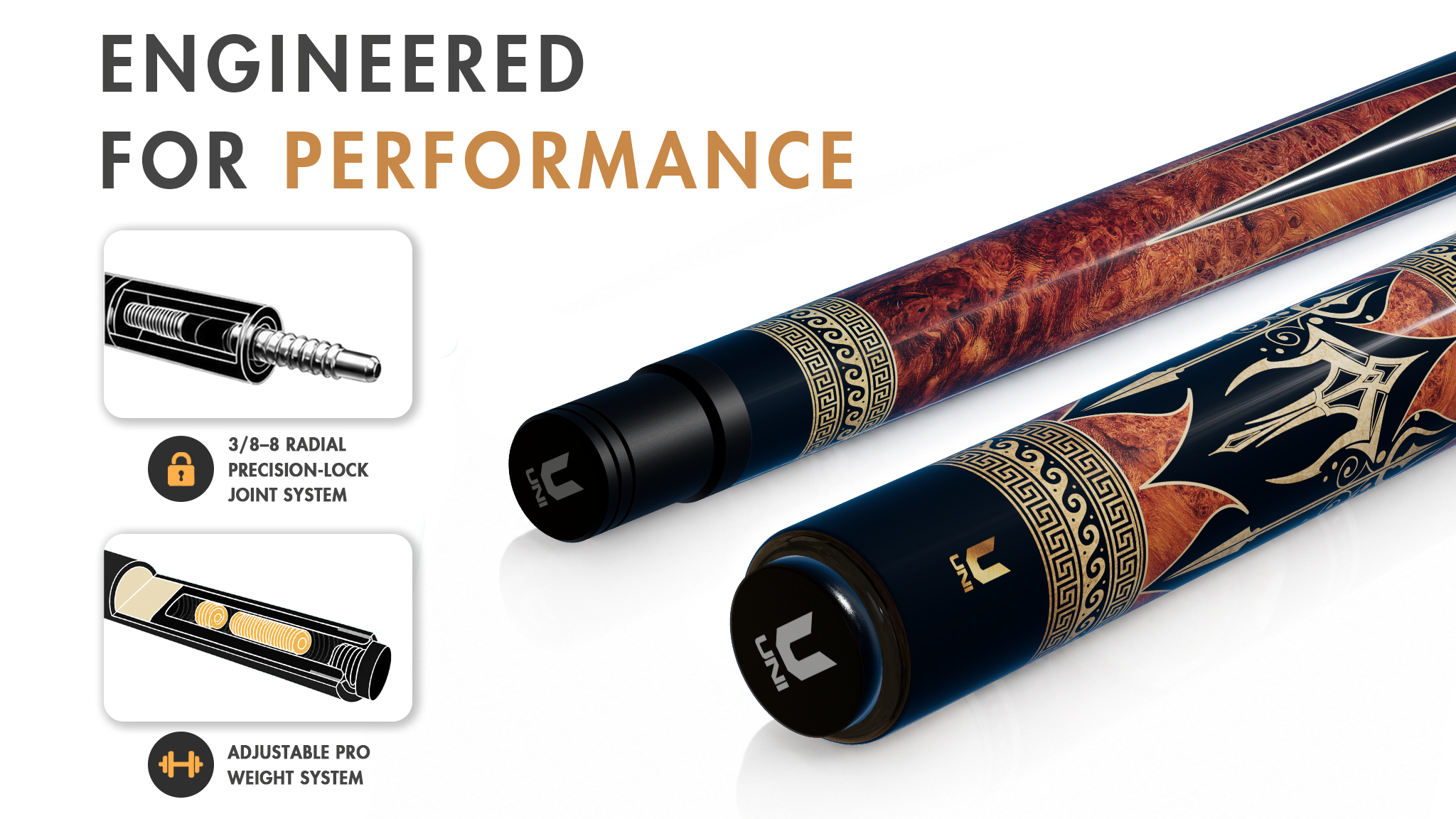 Uni Poseidon Gold Carpathian Elm Burl Carbon Fiber Pool Cue - Detail 1