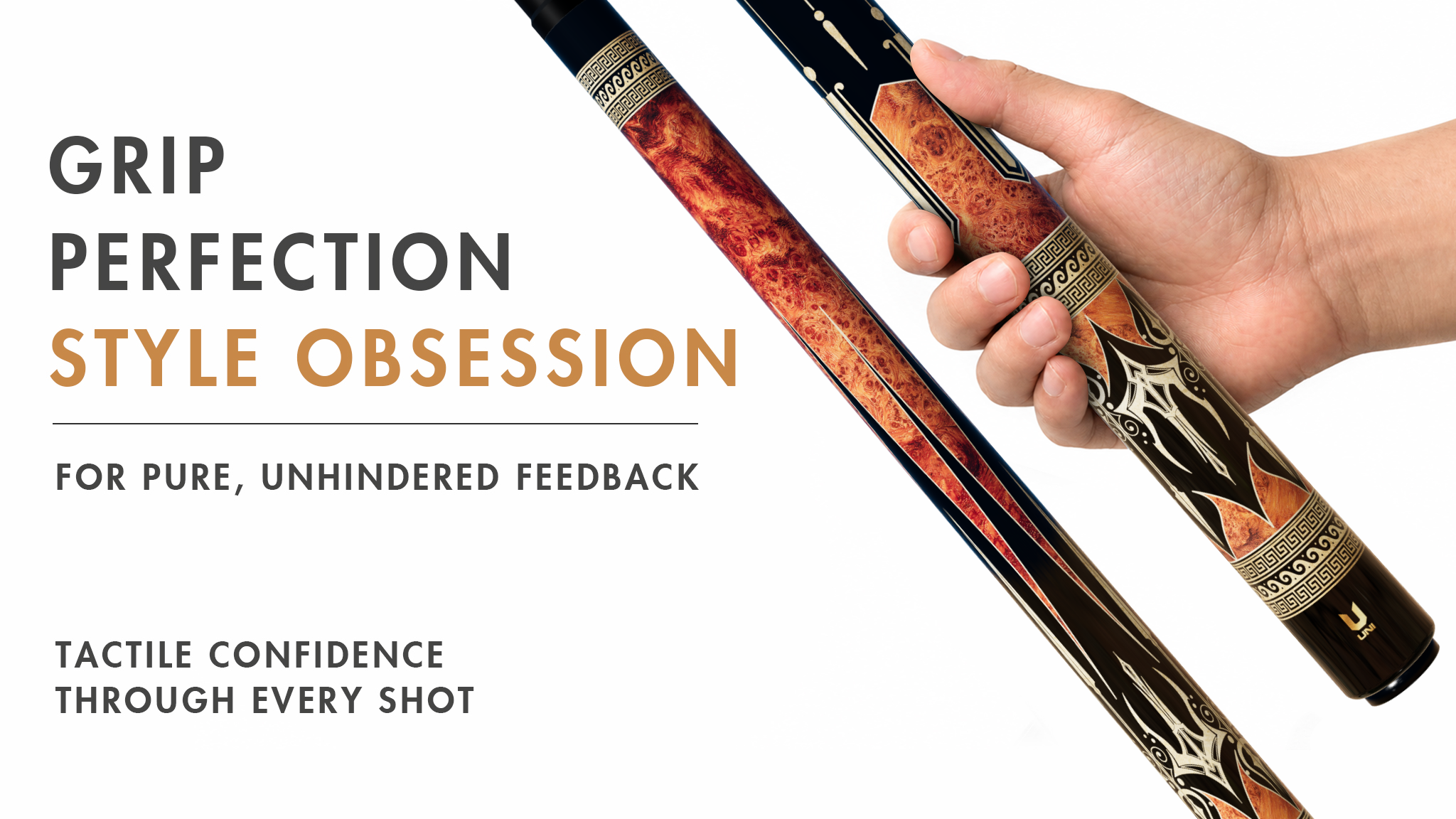 Uni Poseidon Gold Carpathian Elm Burl Carbon Fiber Pool Cue - Detail 2