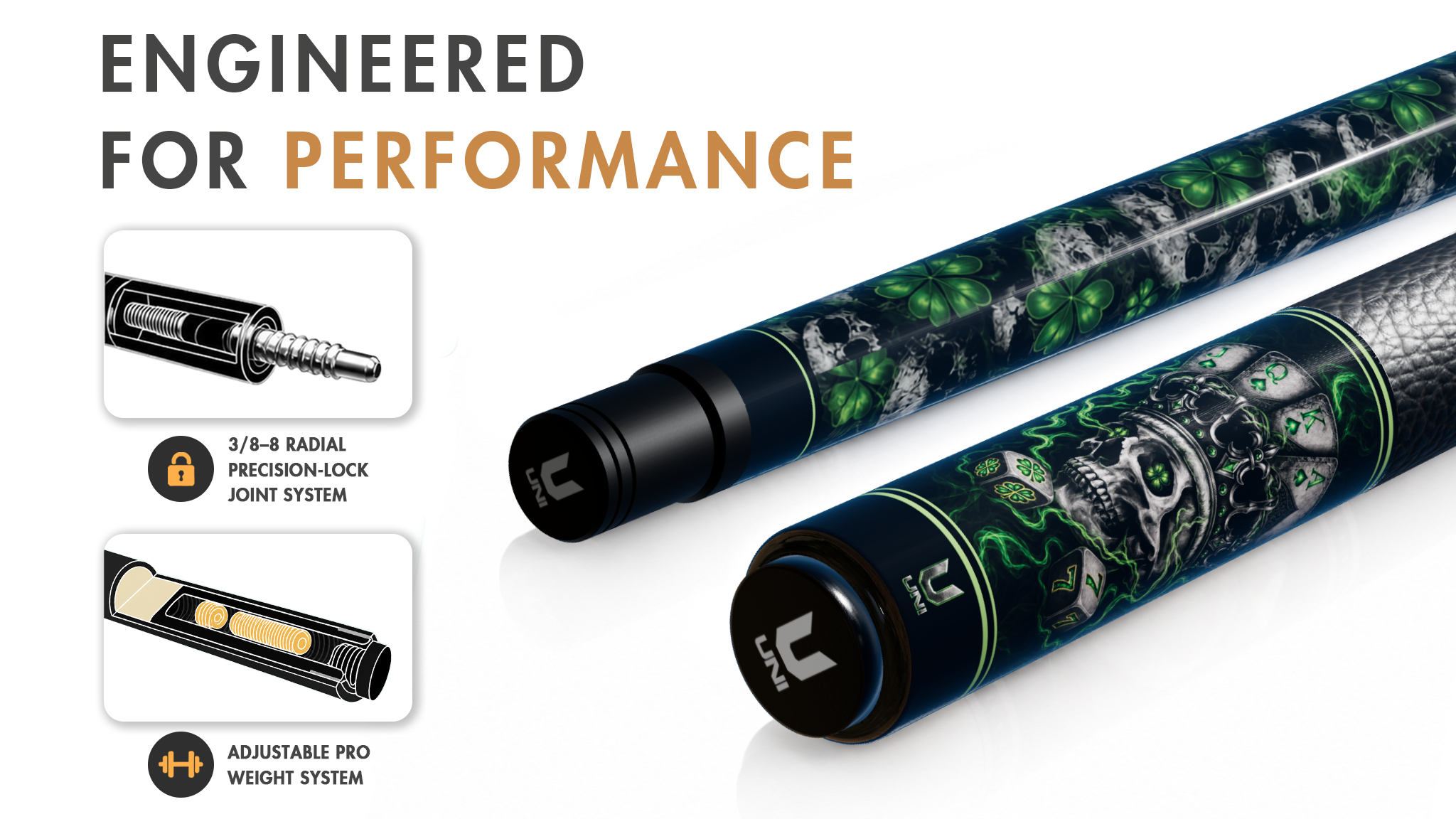 Uni Lucky Skull Carbon Fiber Pool Cue - Detail 1