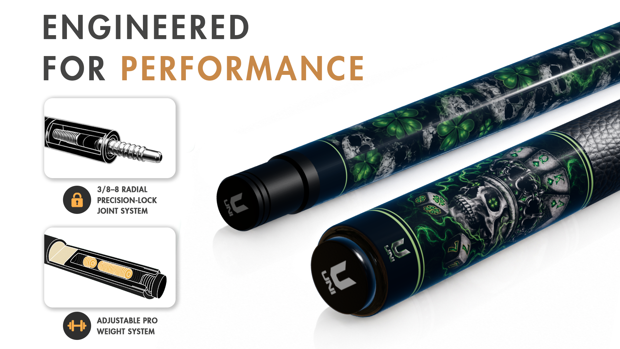 Uni Lucky Skull Carbon Fiber Pool Cue - Detail 1