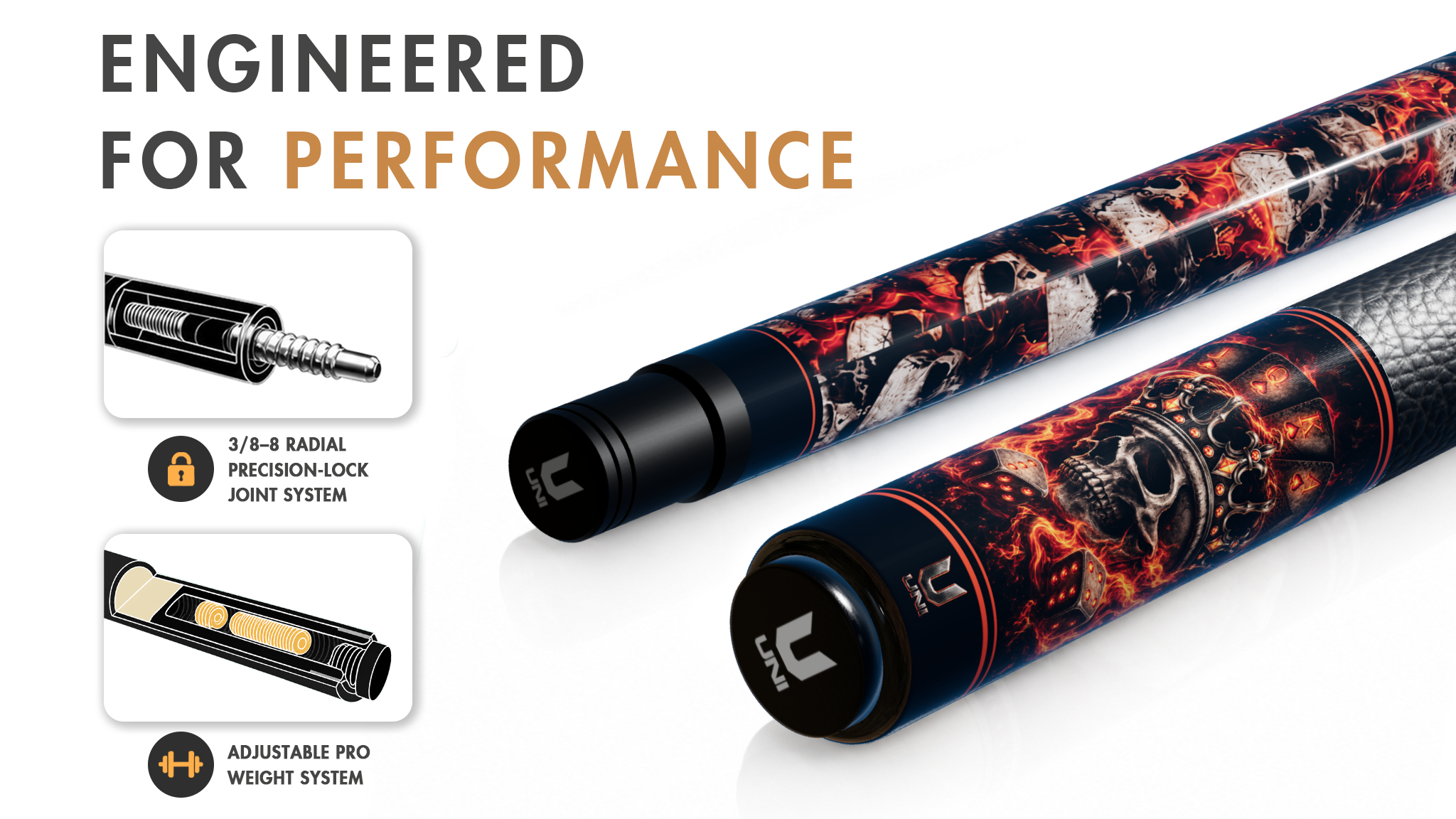 Uni Flame Skull Carbon Fiber Pool Cue - Detail 1