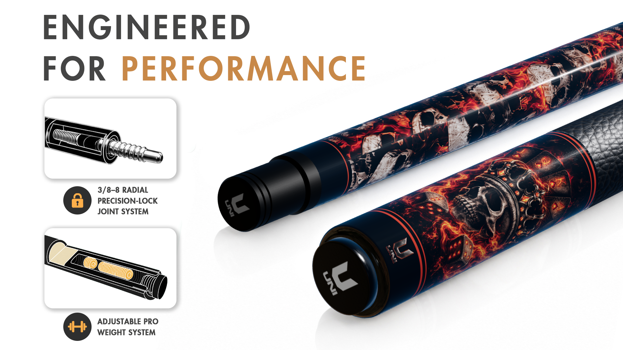 Uni Flame Skull Carbon Fiber Pool Cue - Detail 1