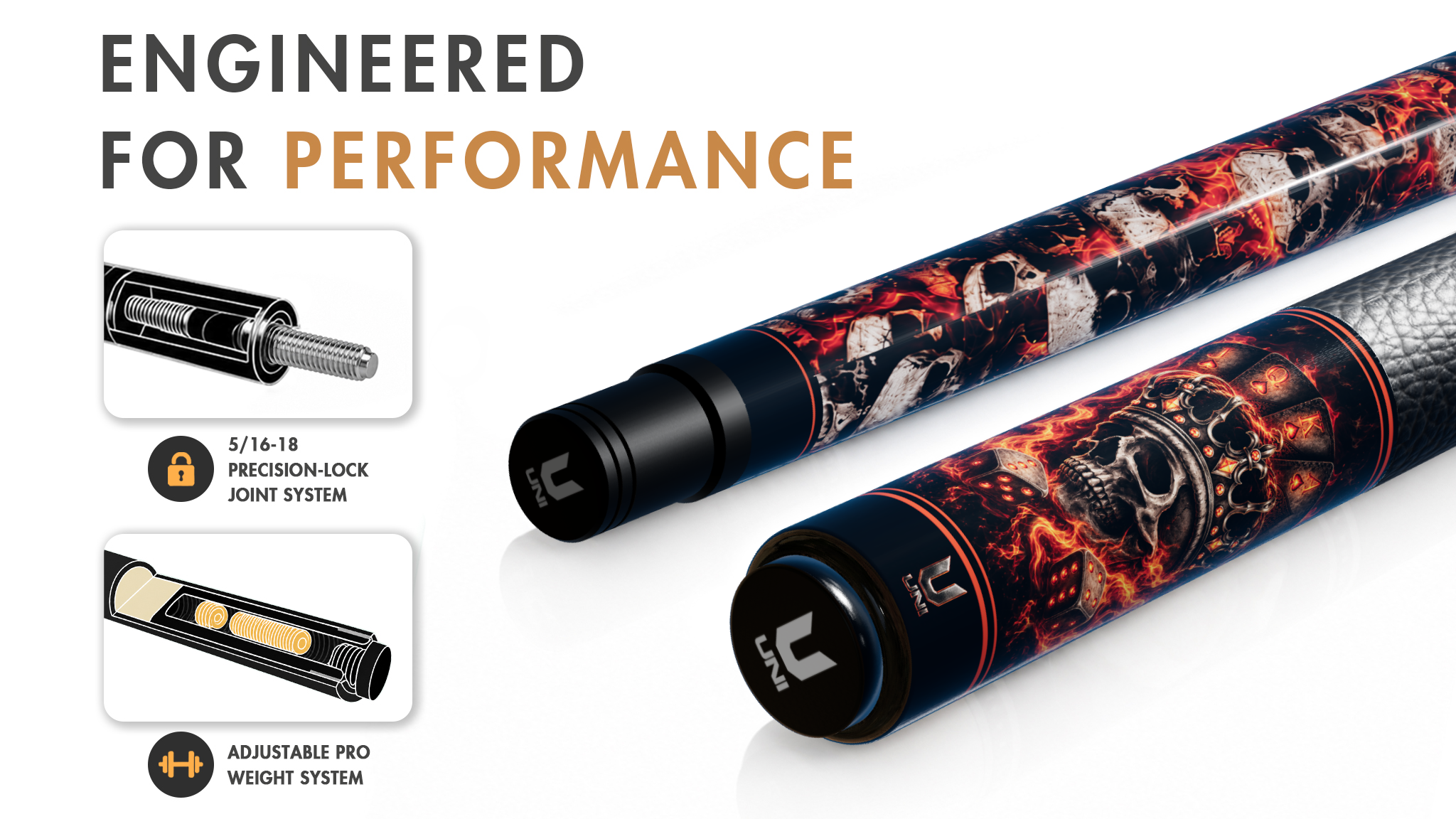 Uni Flame Skull Carbon Fiber Pool Cue - Detail 1