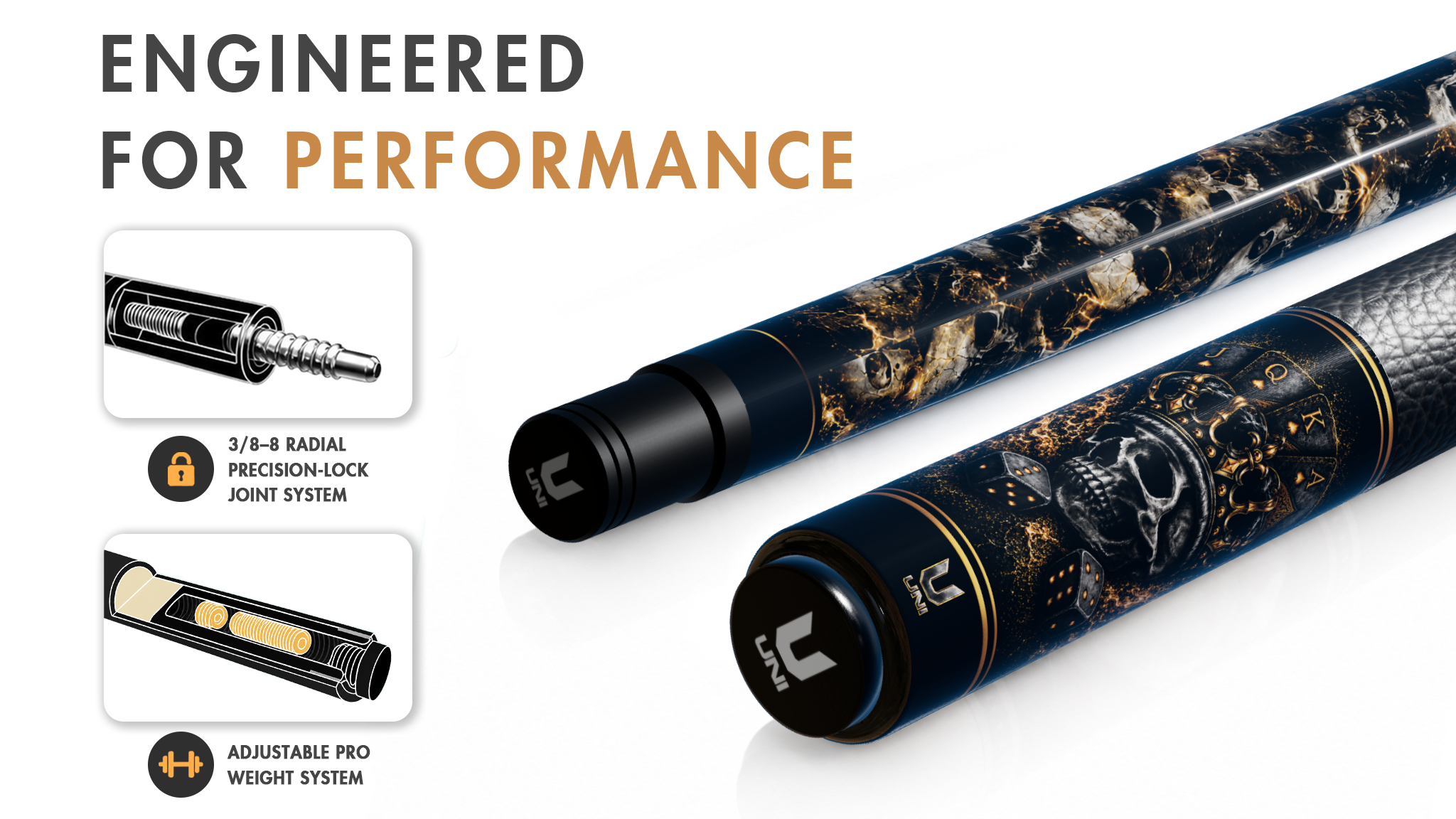 Uni Gold Skull Carbon Fiber Pool Cue - Detail 1