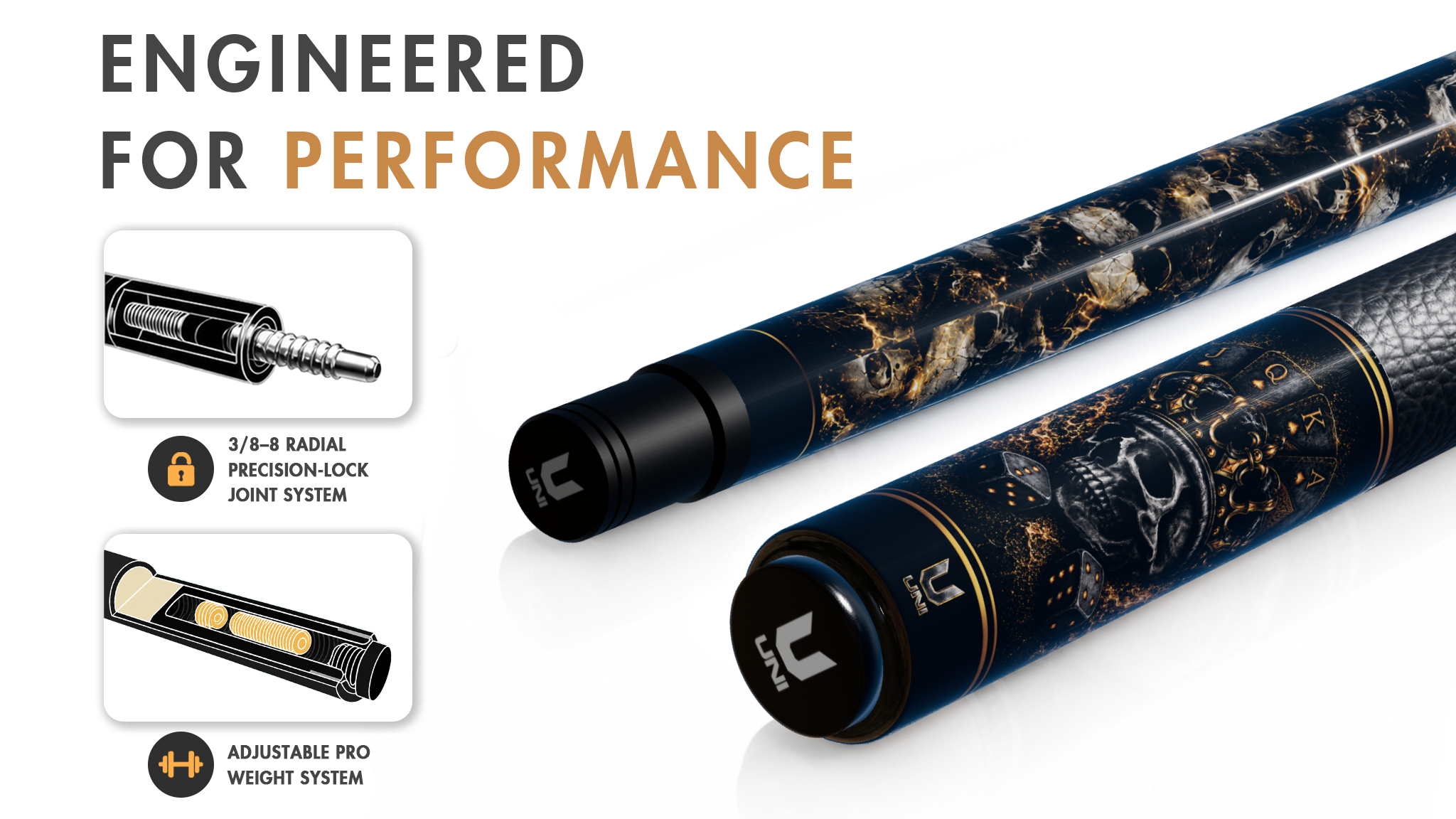 Uni Gold Skull Carbon Fiber Pool Cue - Detail 1