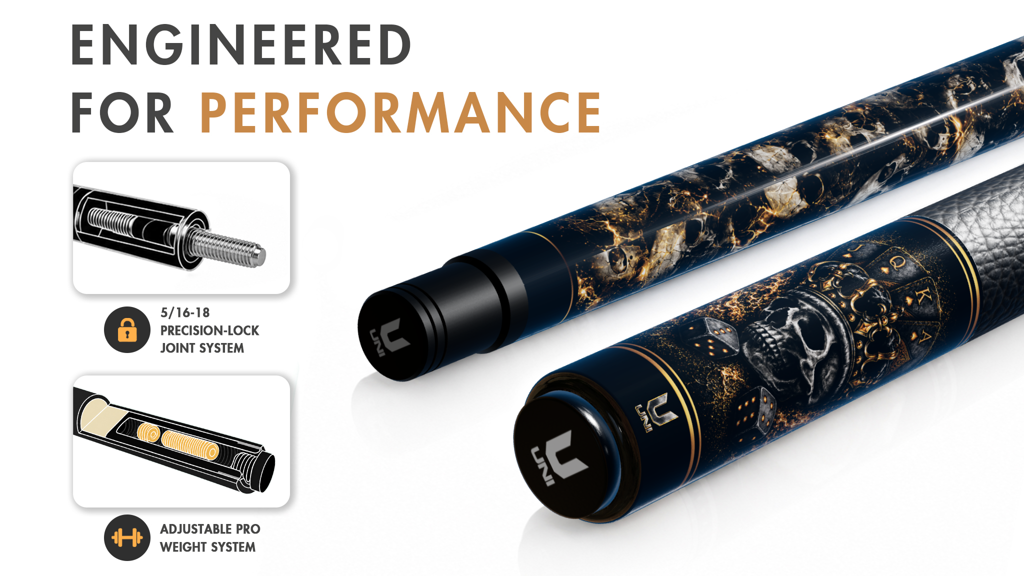 Uni Gold Skull Carbon Fiber Pool Cue - Detail 1